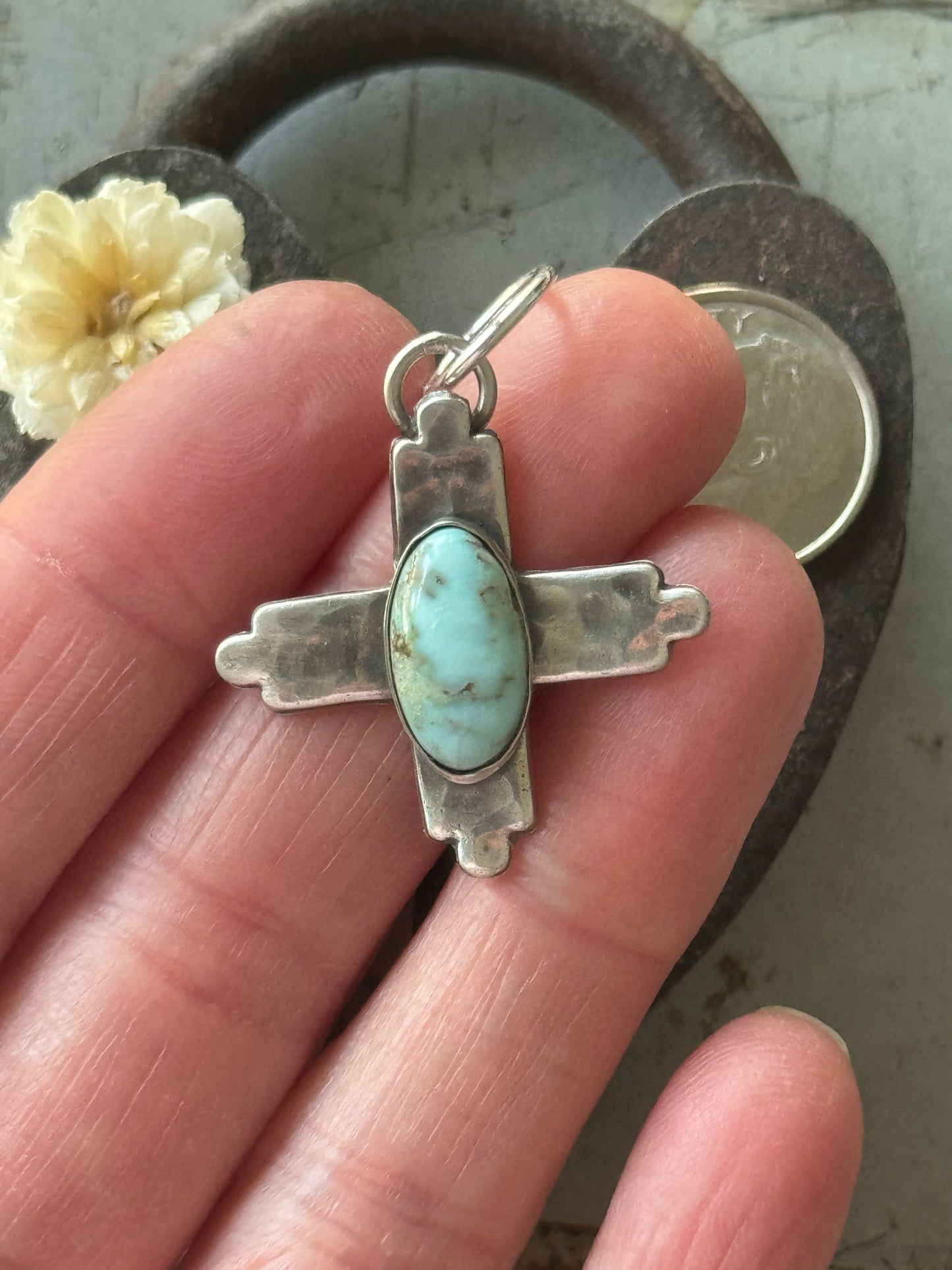 Cross sterling pendant with Dry Creek Turquoise