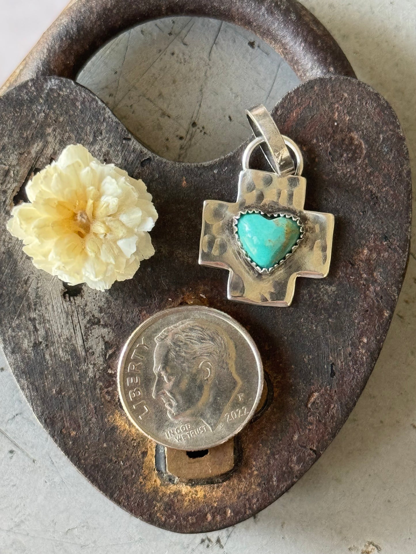 Cross sterling heart pendant with Kingman Turquoise