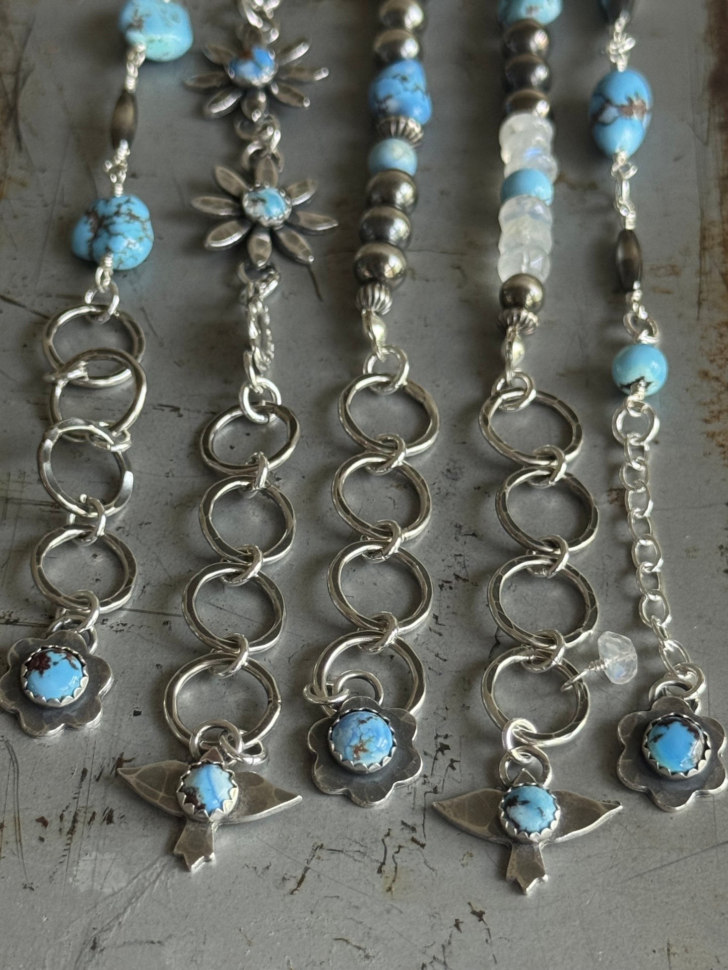 Artisan Golden Hills Turquoise and Rainbow Moonstone sterling bracelet