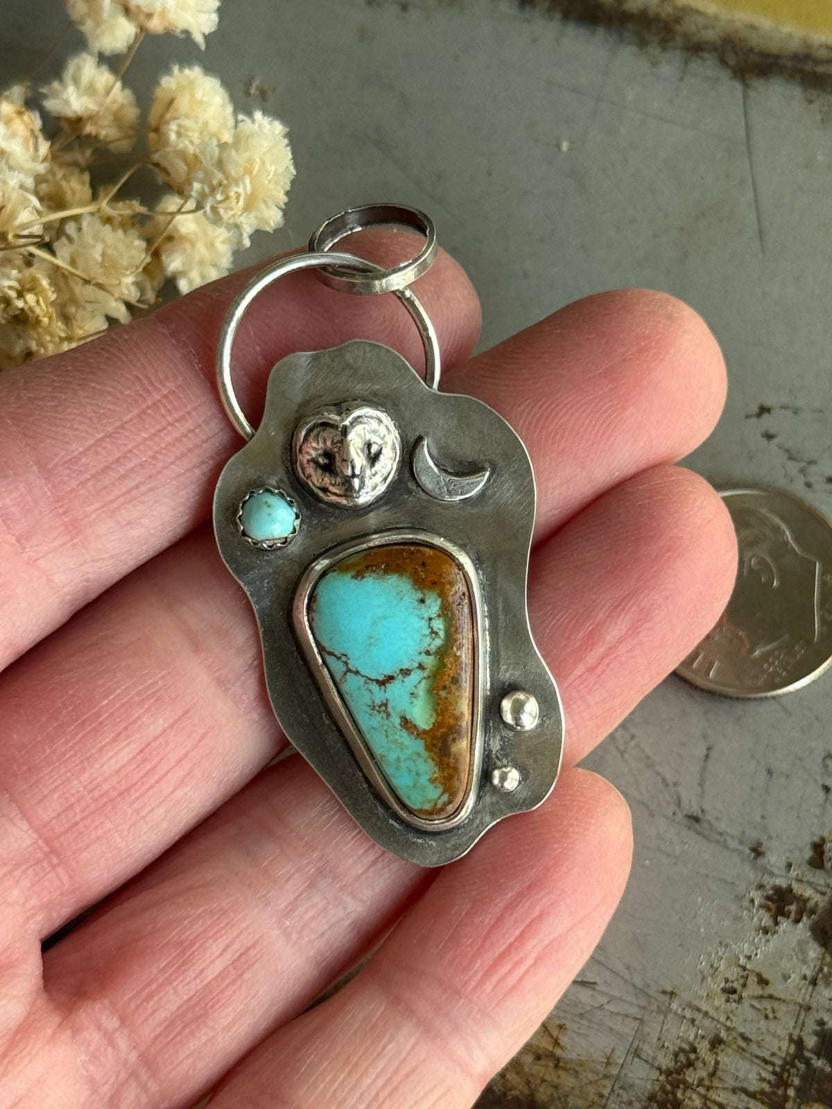 Owl and Moon sterling pendant with Royston Turquoise
