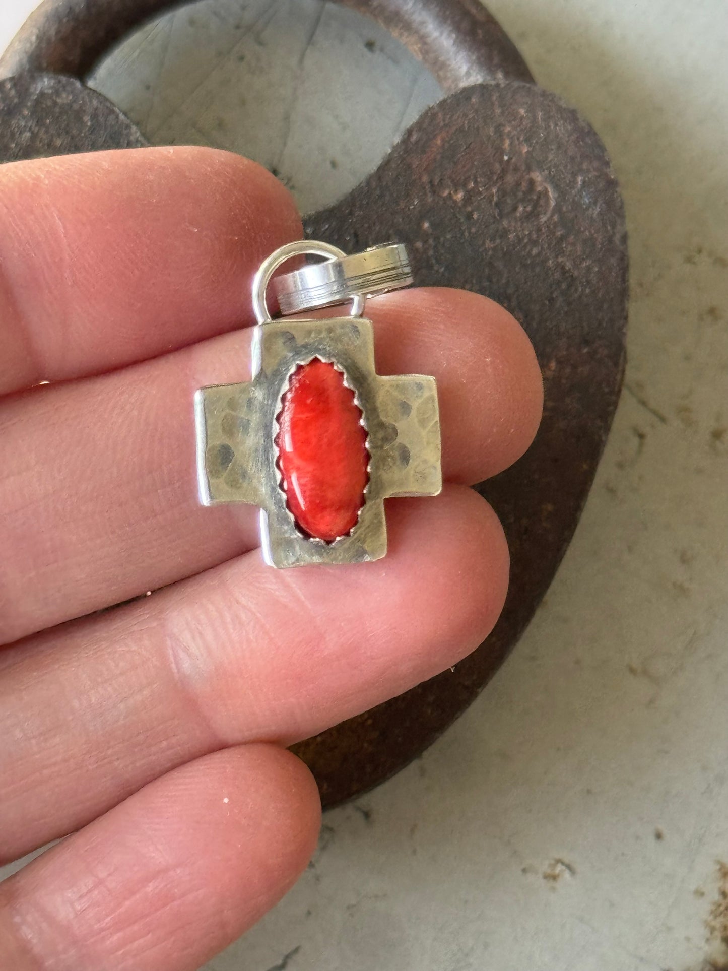 Red Spiny Oyster sterling cross pendant