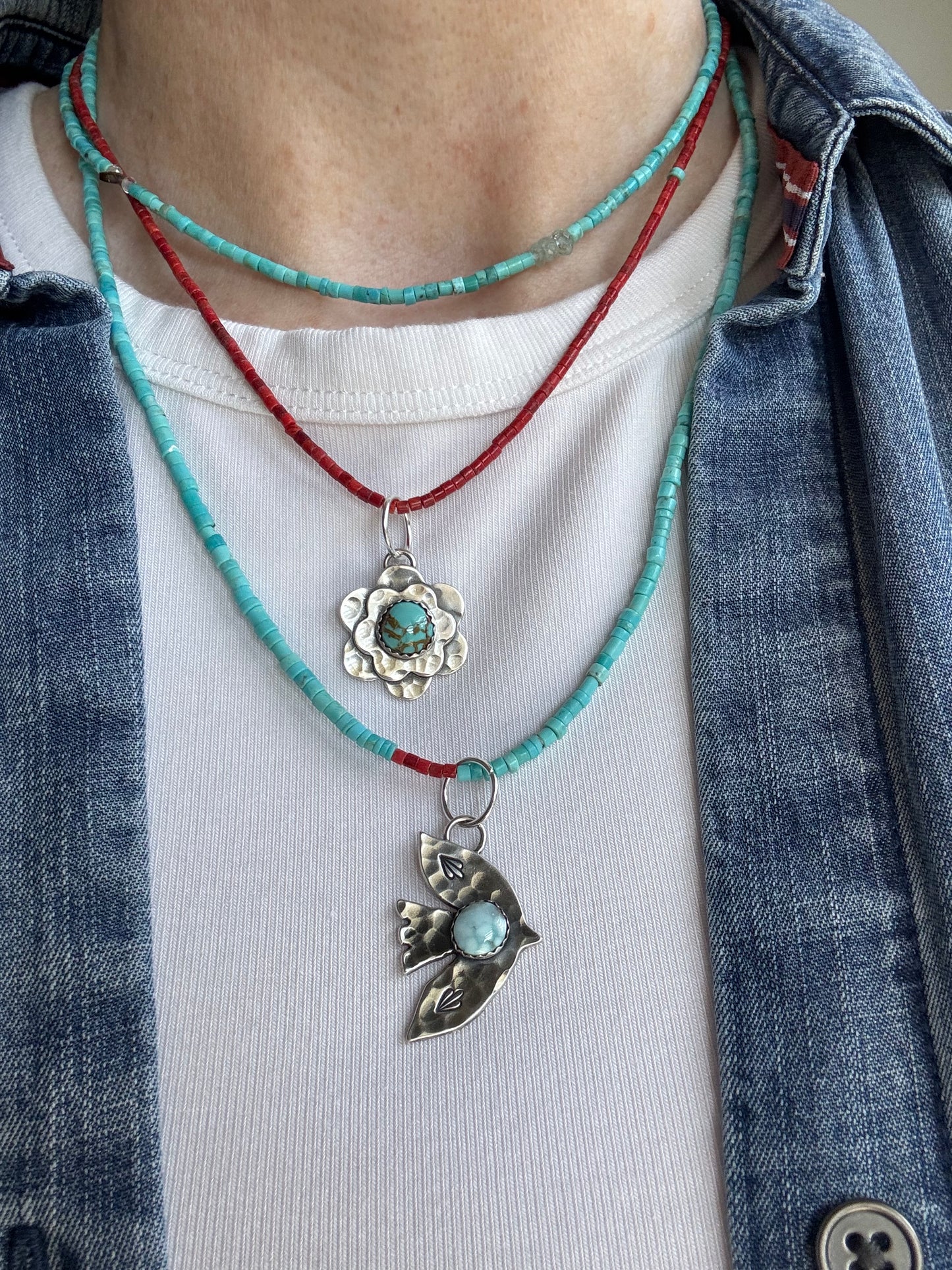 Bird sterling pendant with Dry Creek Turquoise
