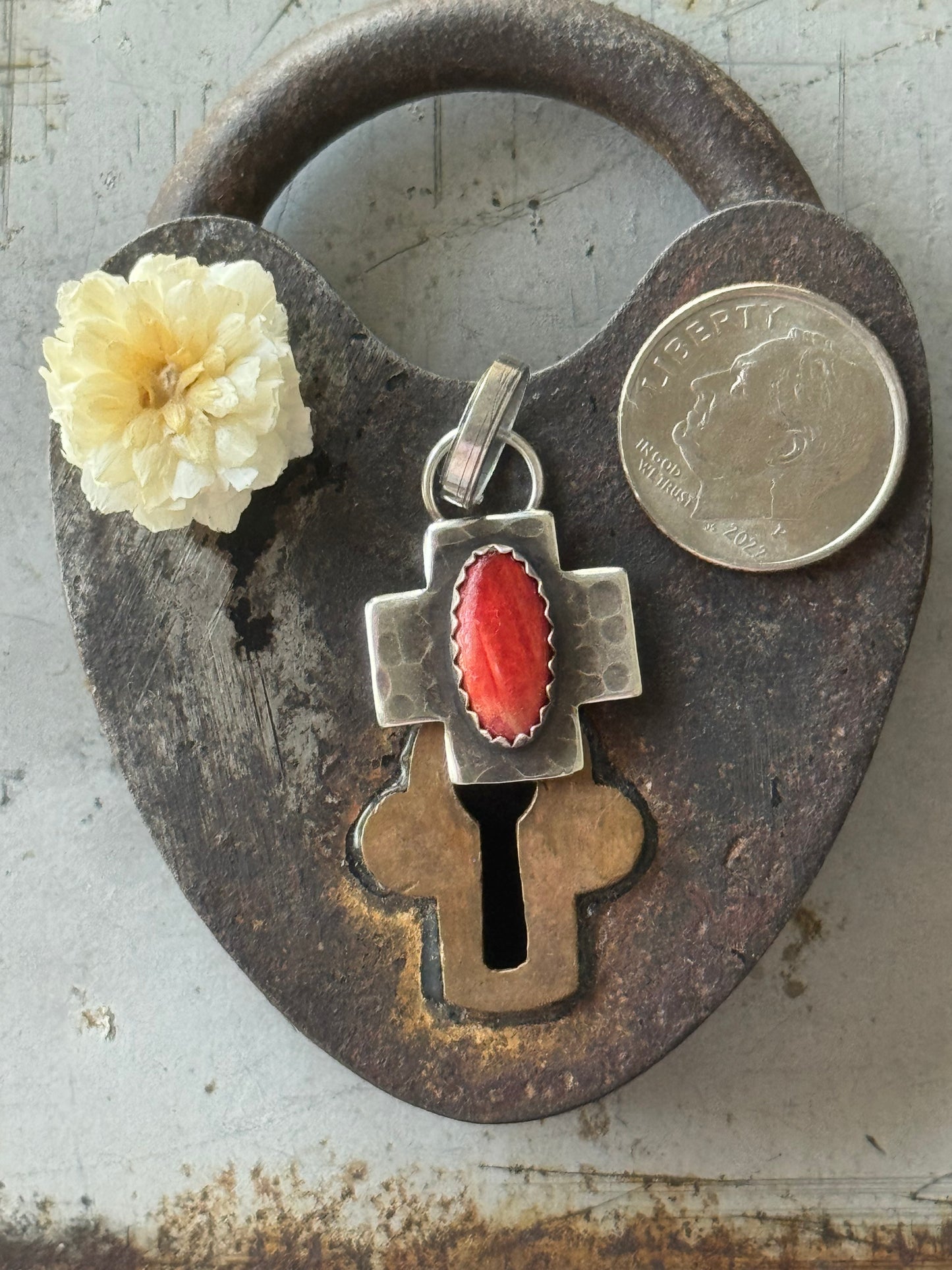 Red Spiny Oyster sterling cross pendant