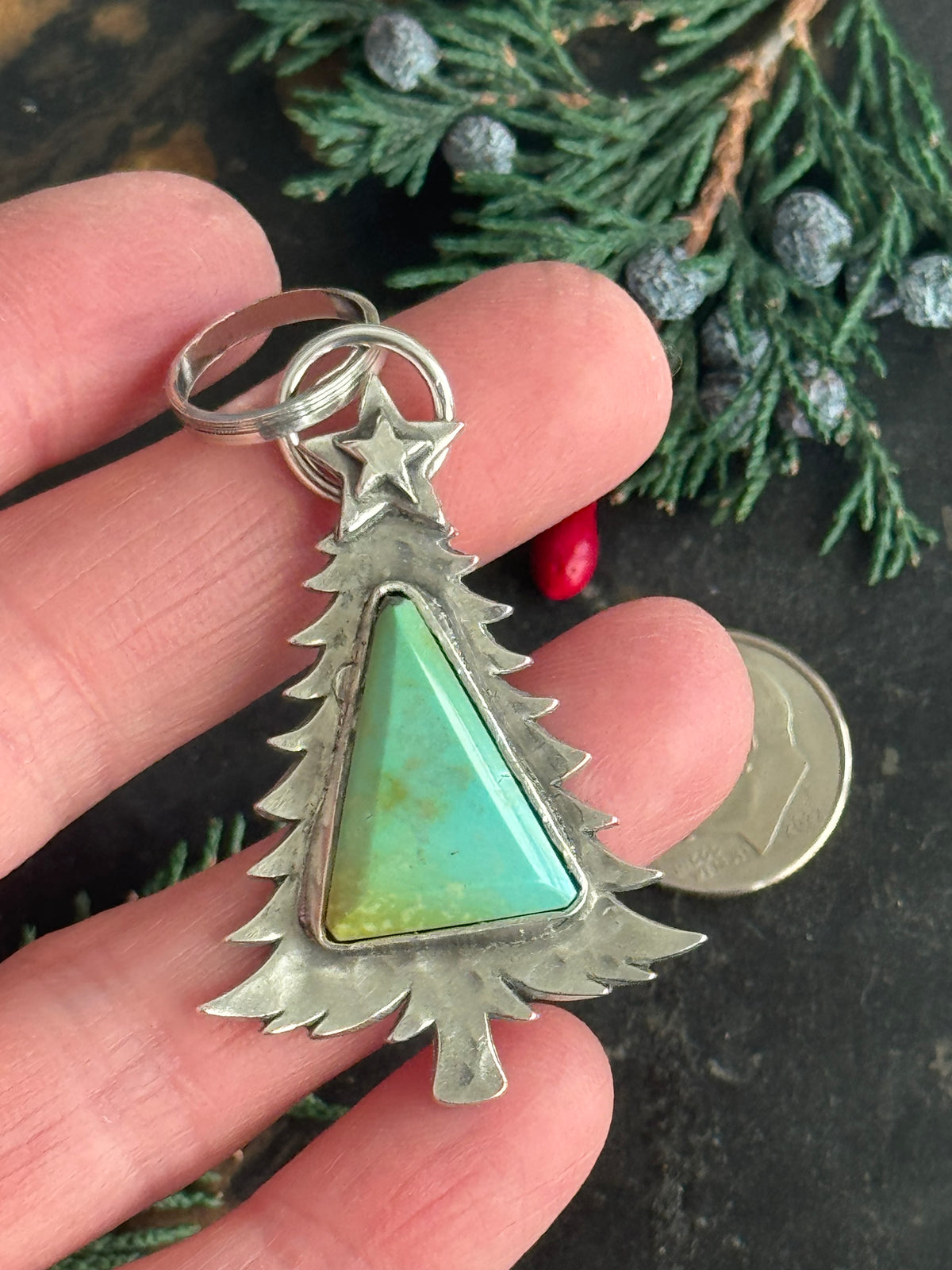 Christmas tree sterling pendant with Treasure Mountain Turquoise