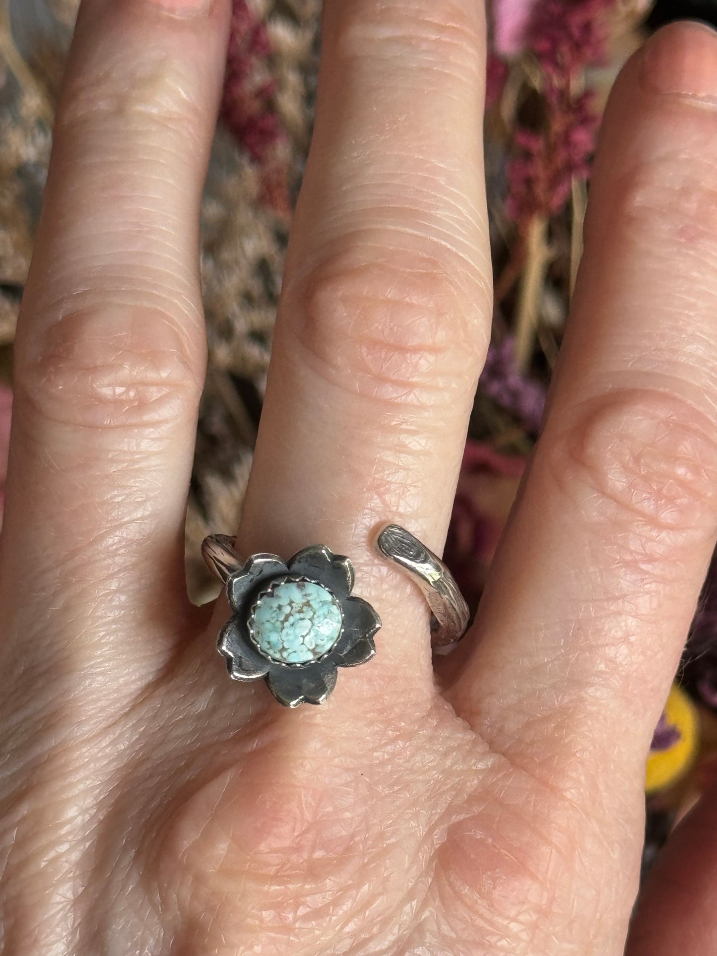 Twig wrap around sterling ring with Dry Creek Turquoise