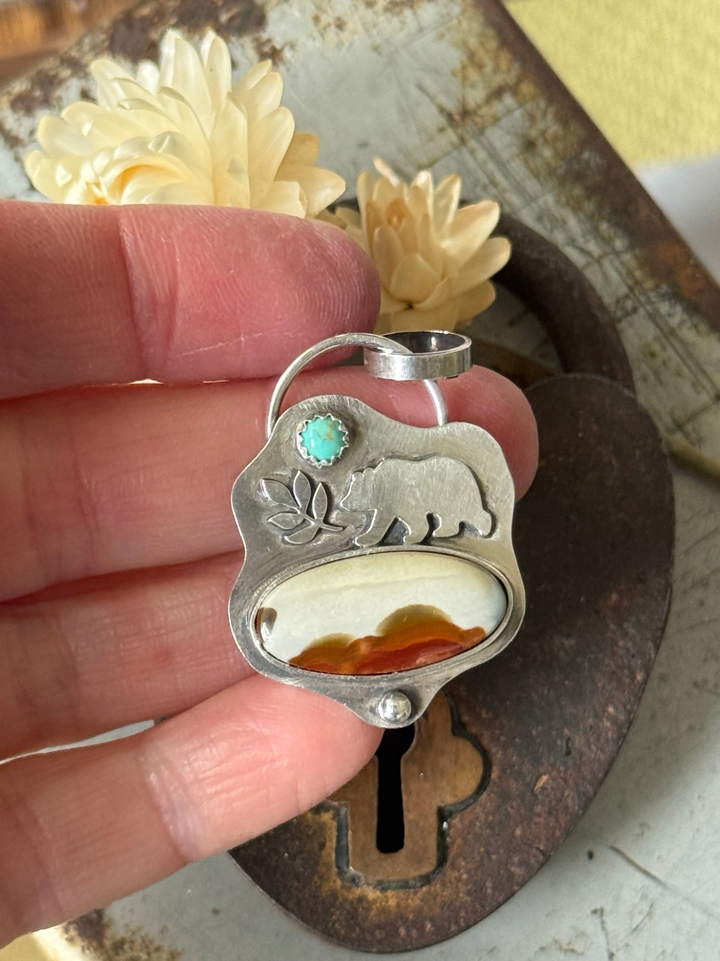 Polychrome Jasper sterling Bear pendant