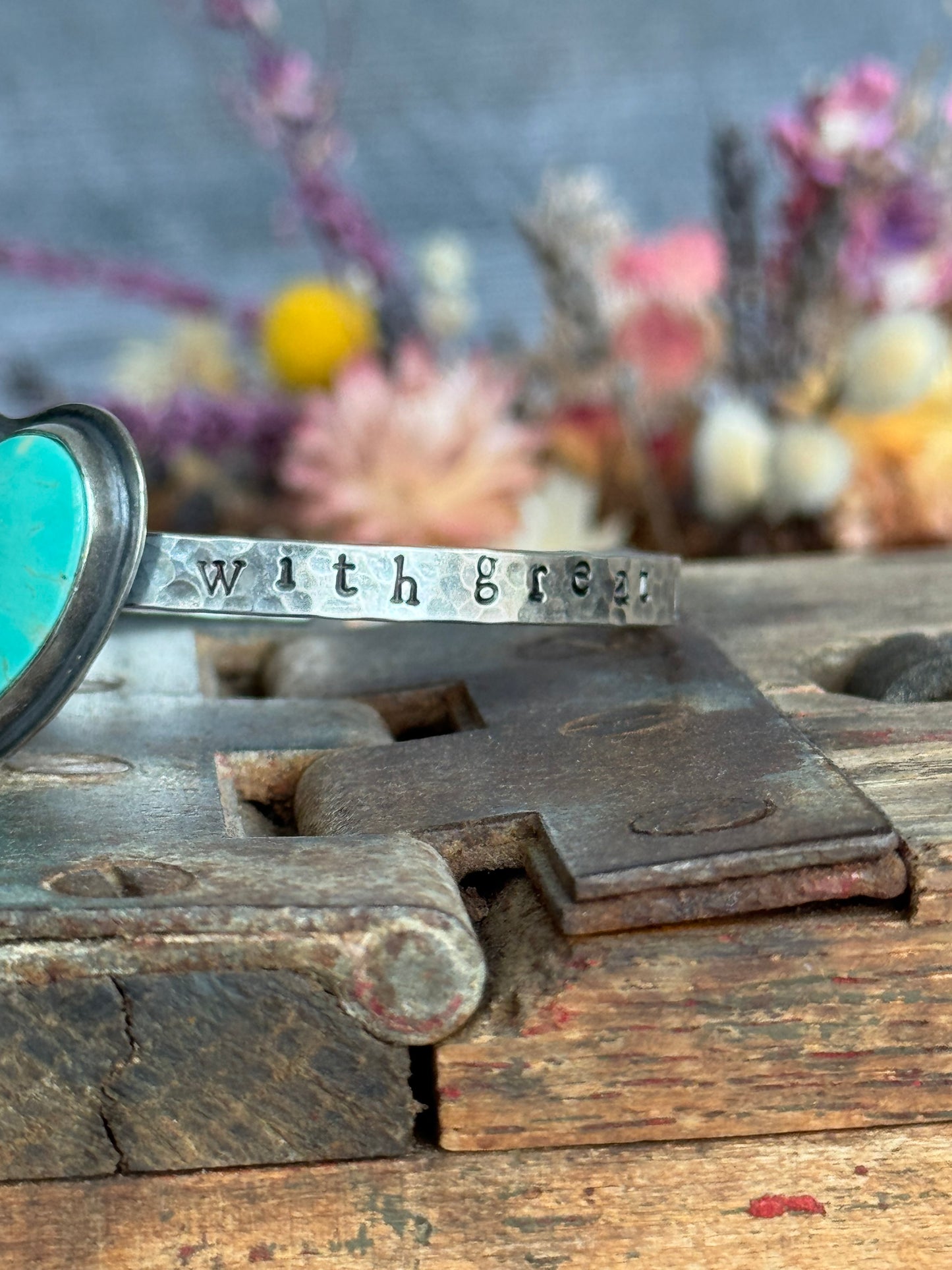 Kingman Turquoise heart "do small things with great love" sterling cuff