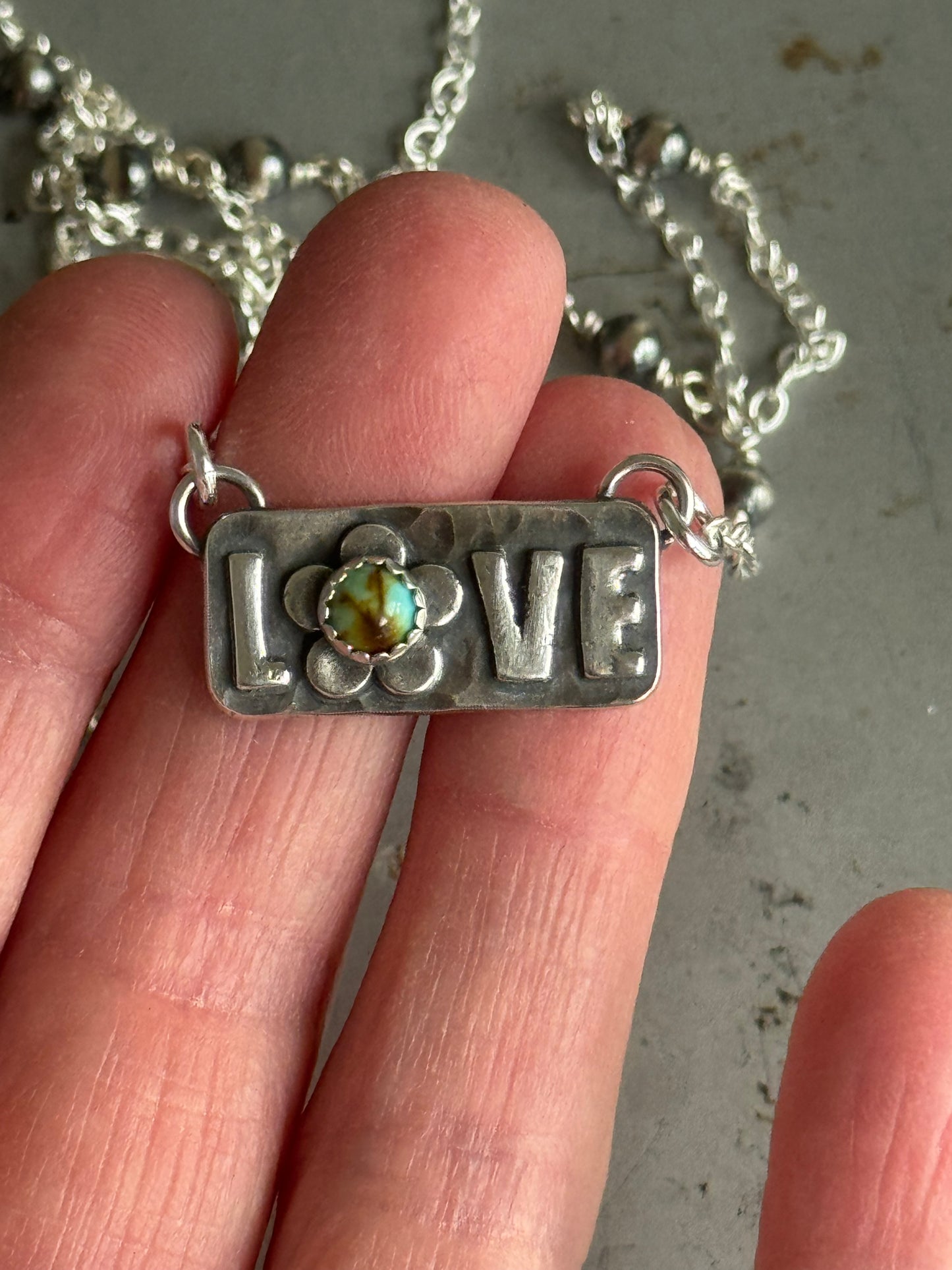 Kingman Turquoise sterling Love necklace