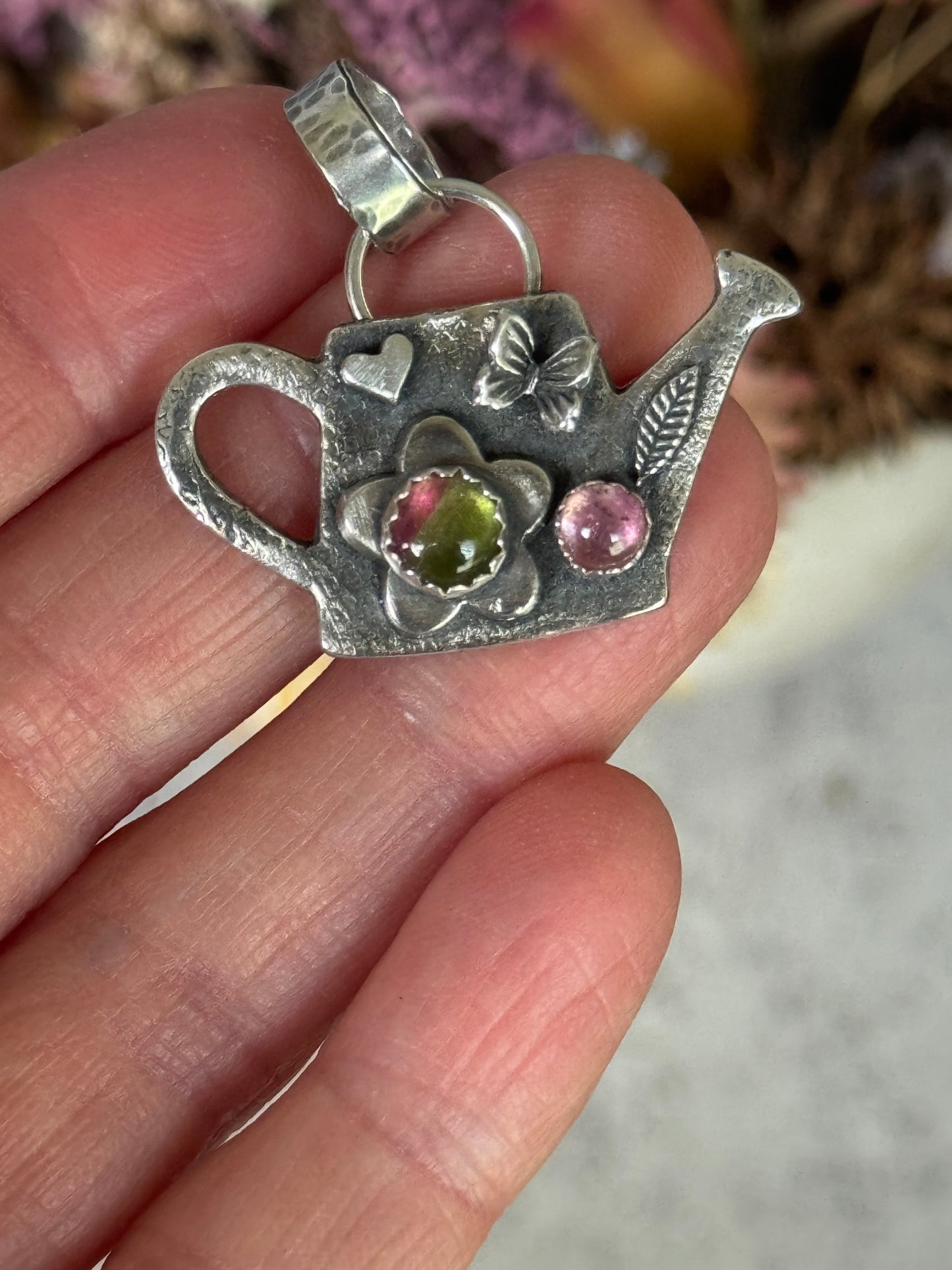 Pink Tourmaline and Watermelon Tourmaline sterling watering can pendant
