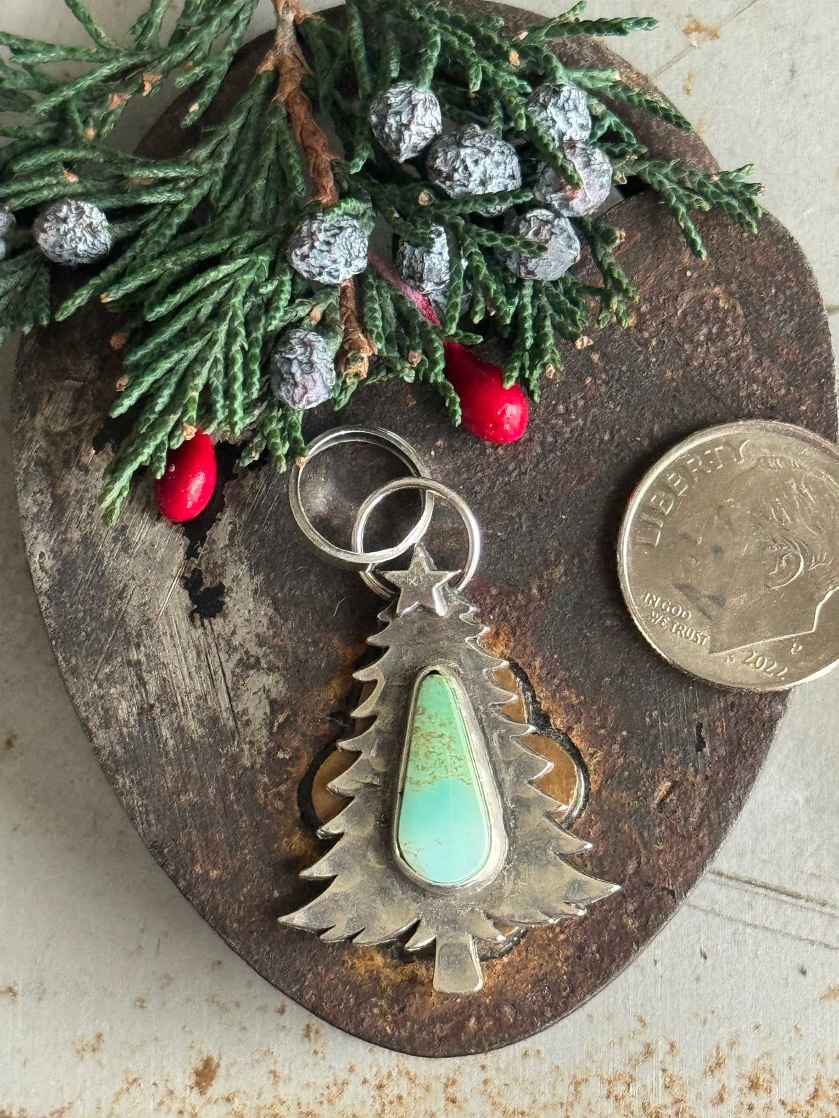 Small Christmas tree sterling pendant with Pilot Mountain Turquoise
