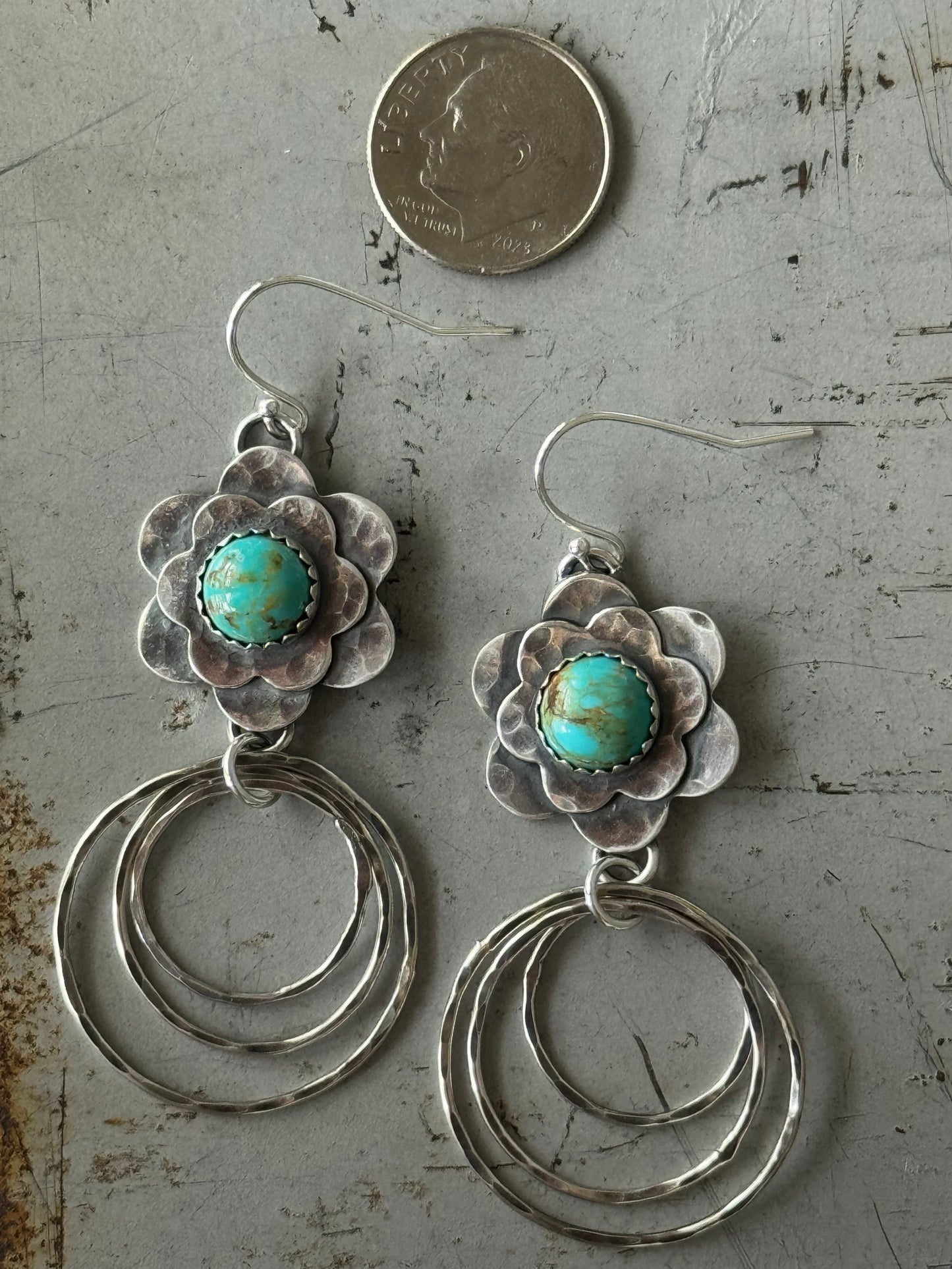 Kingman Turquoise Sterling flower hoop earrings