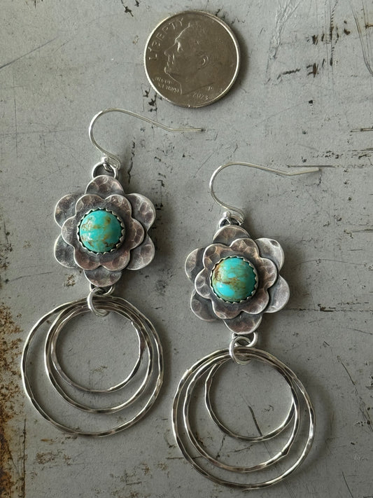 Kingman Turquoise Sterling flower hoop earrings
