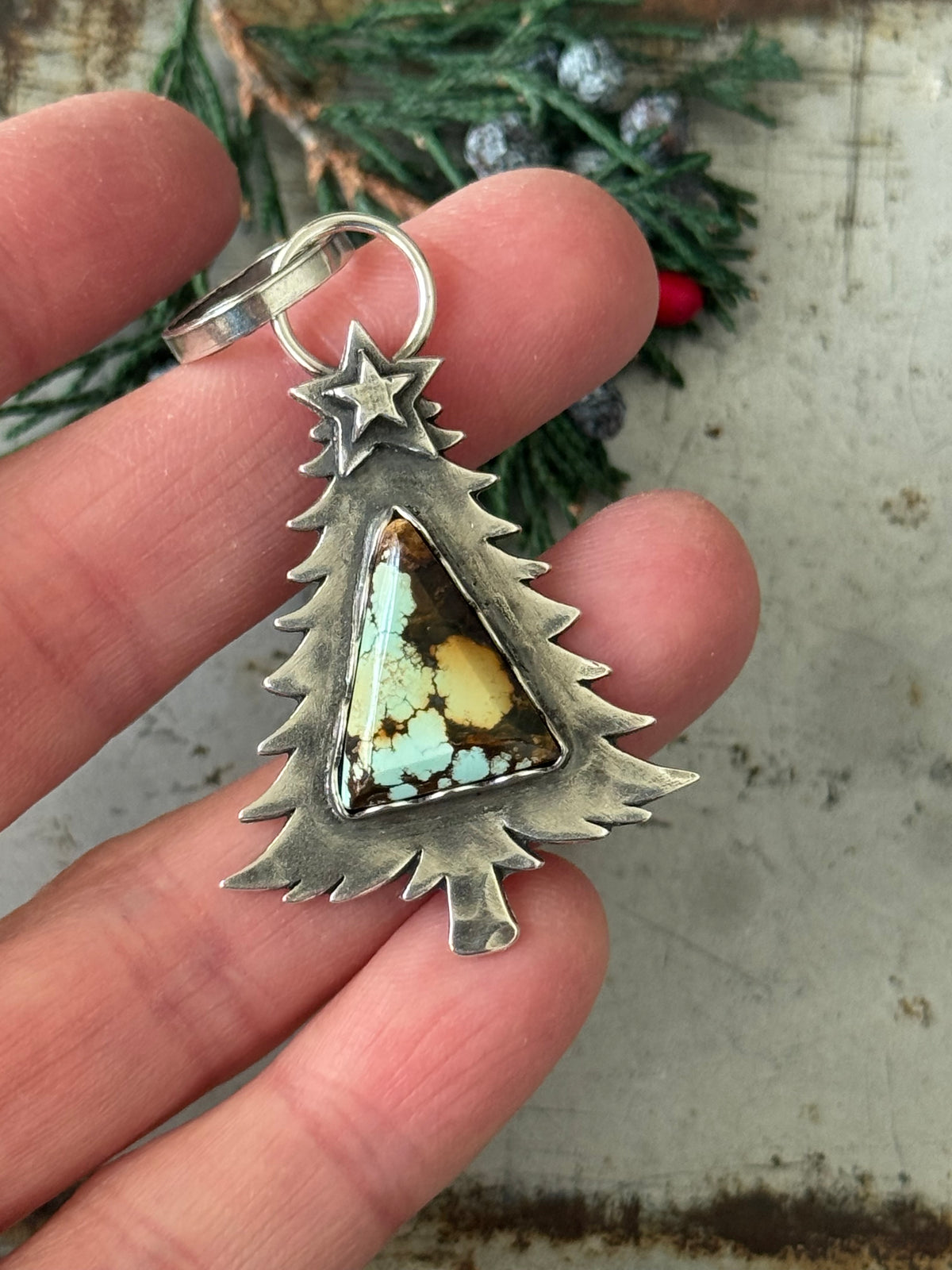 Christmas tree sterling pendant with Treasure Mountain Turquoise