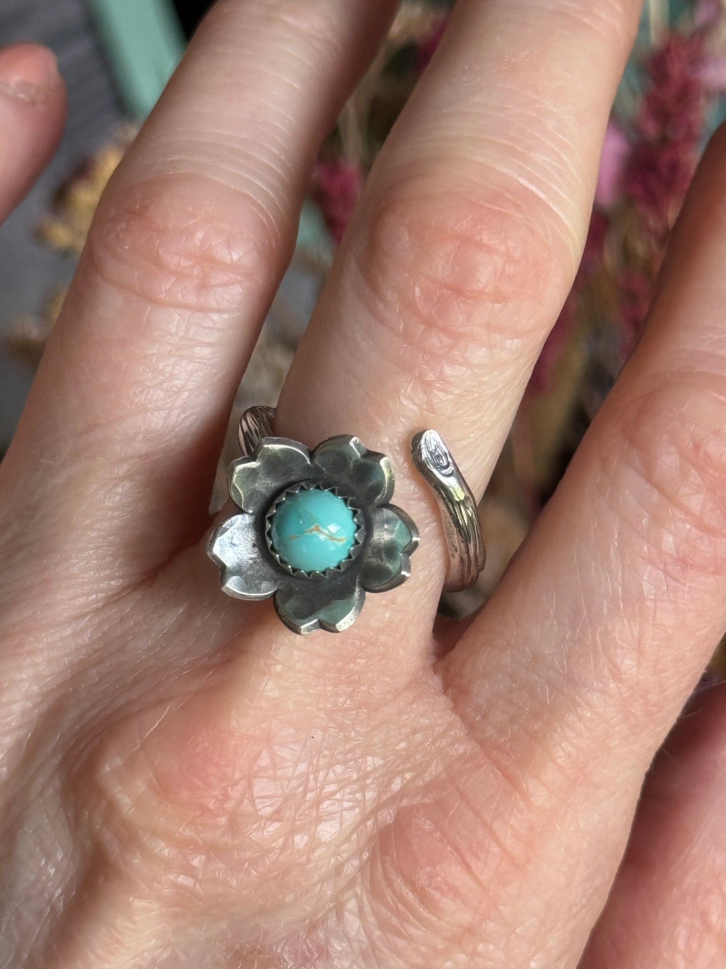 Twig wrap around sterling ring with Lone Mountain Turquoise