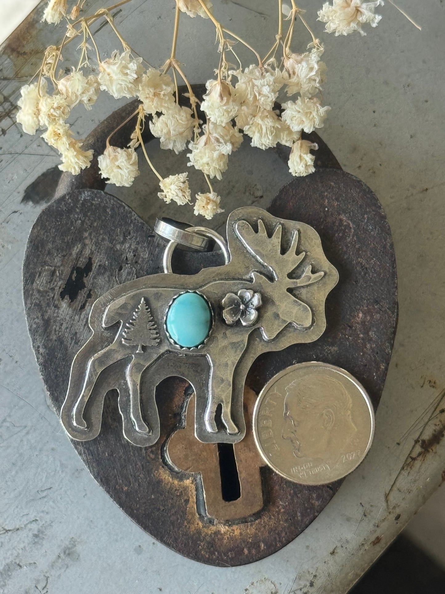 Reserved for Melissa Lone Mountain Turquoise Moose sterling pendant