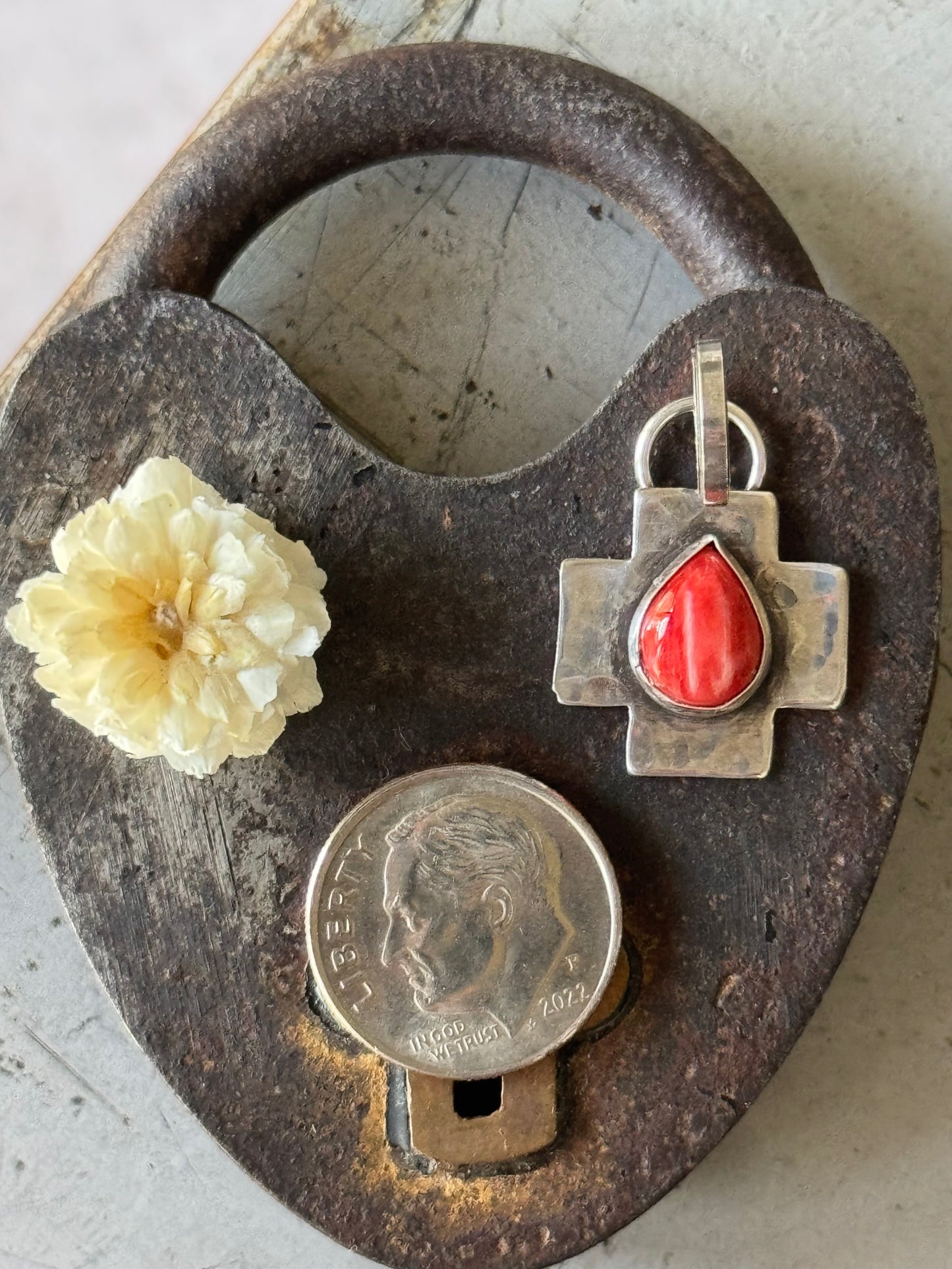 Red Spiny Oyster sterling cross pendant