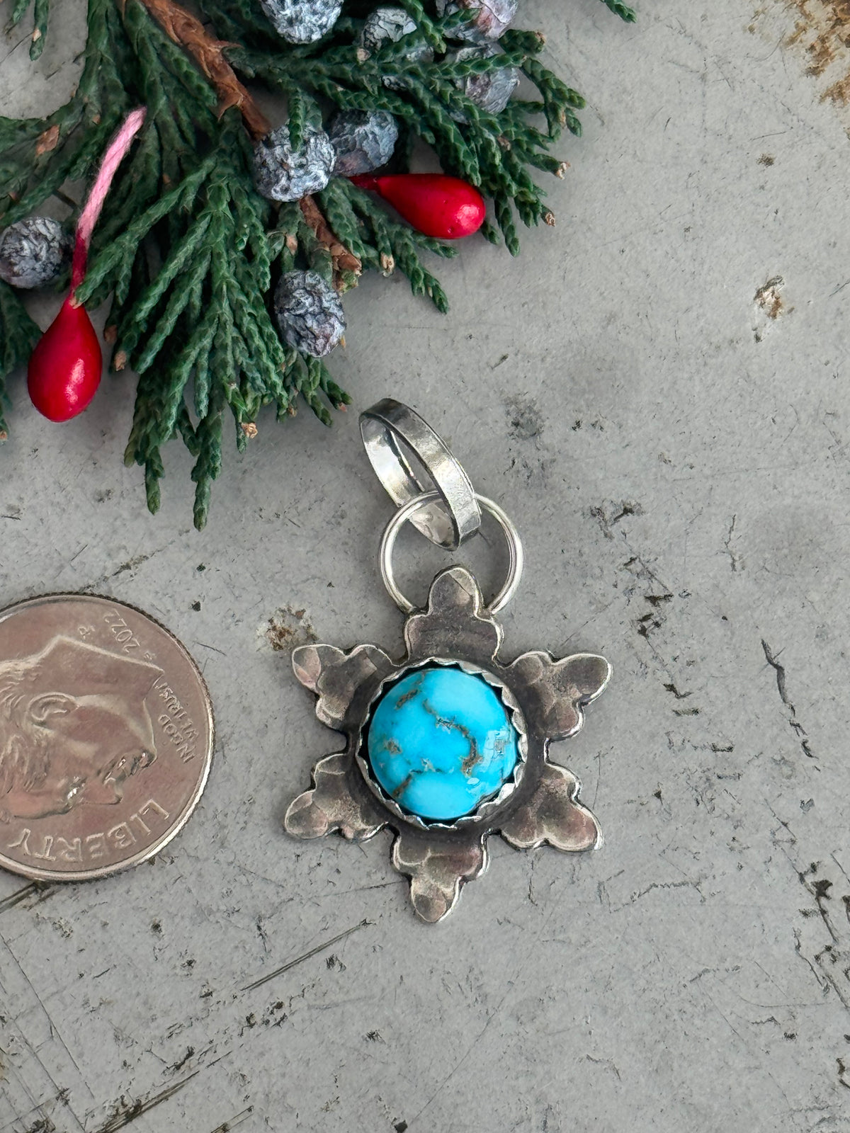High Grade Kingman Turquoise sterling snowflake pendant