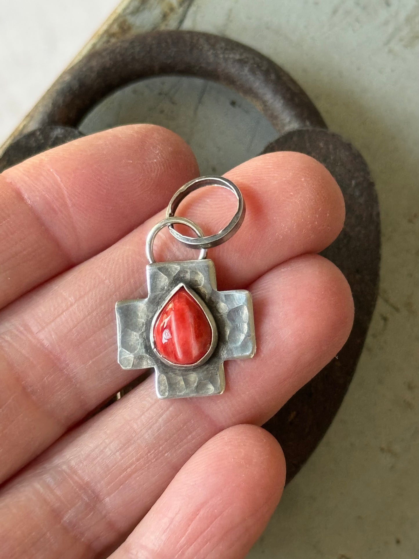 Red Spiny Oyster sterling cross pendant