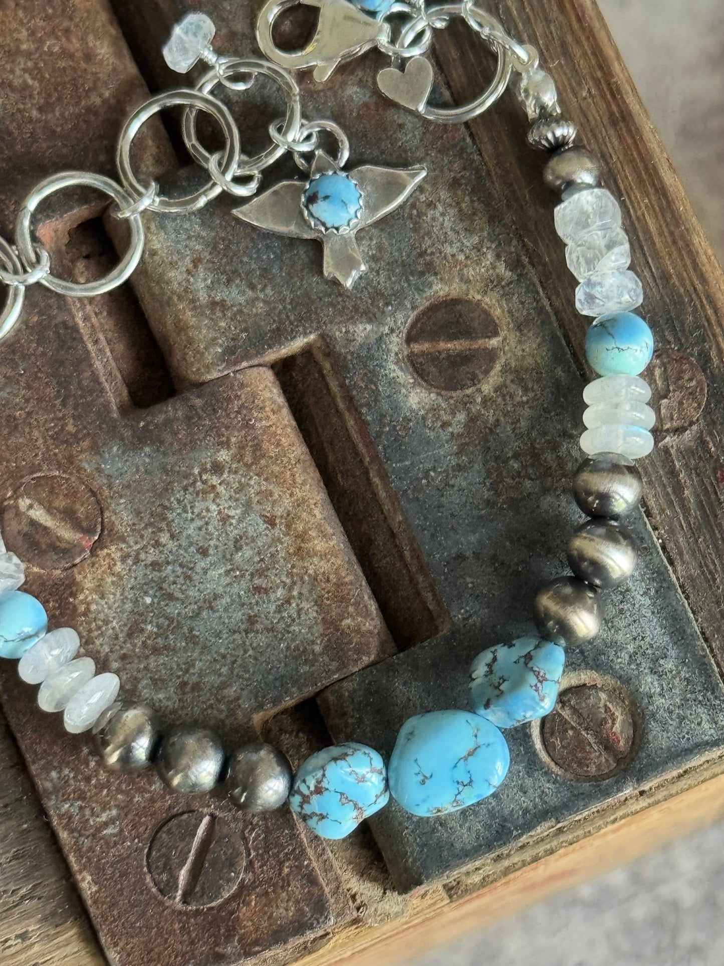 Artisan Golden Hills Turquoise and Rainbow Moonstone sterling bracelet