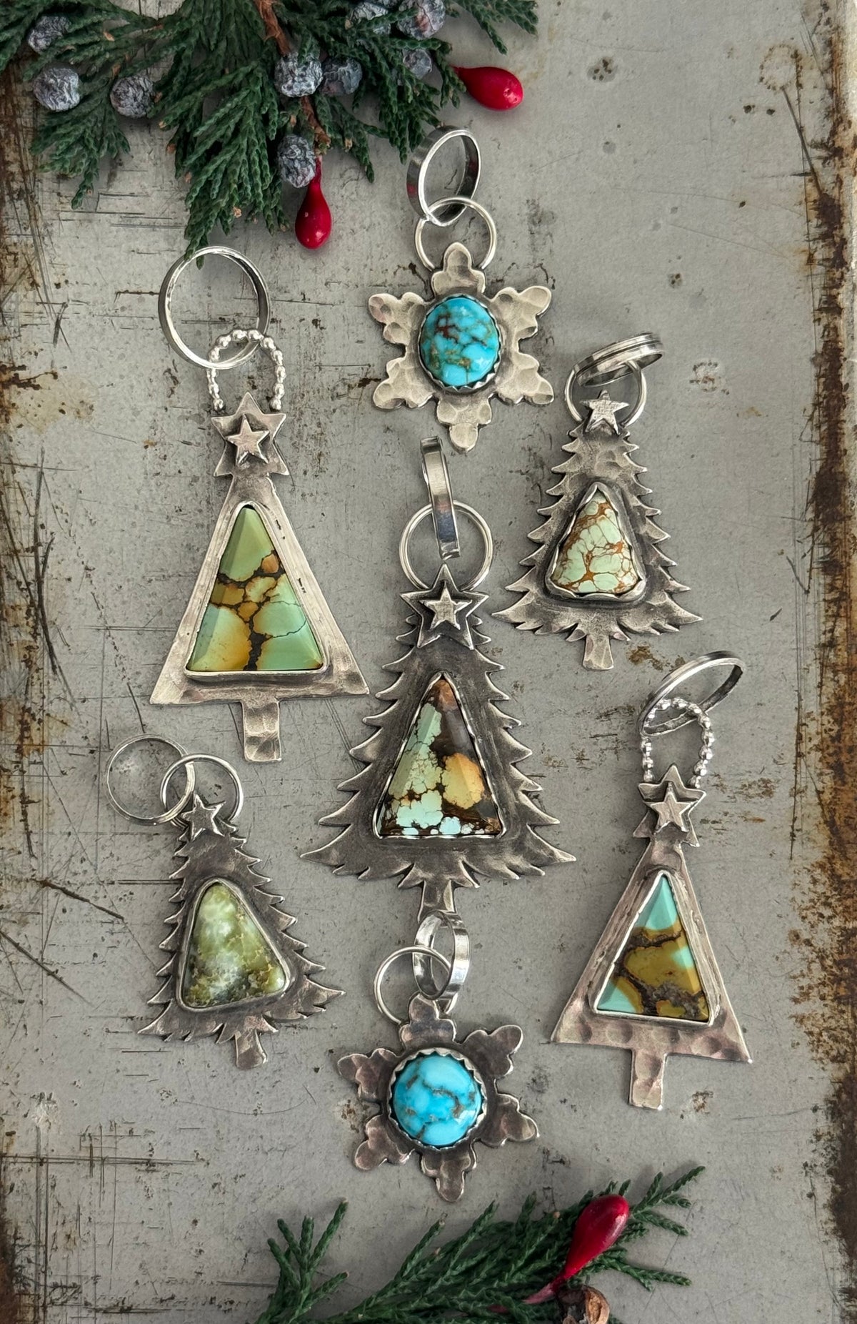 Christmas tree sterling pendant with Treasure Mountain Turquoise