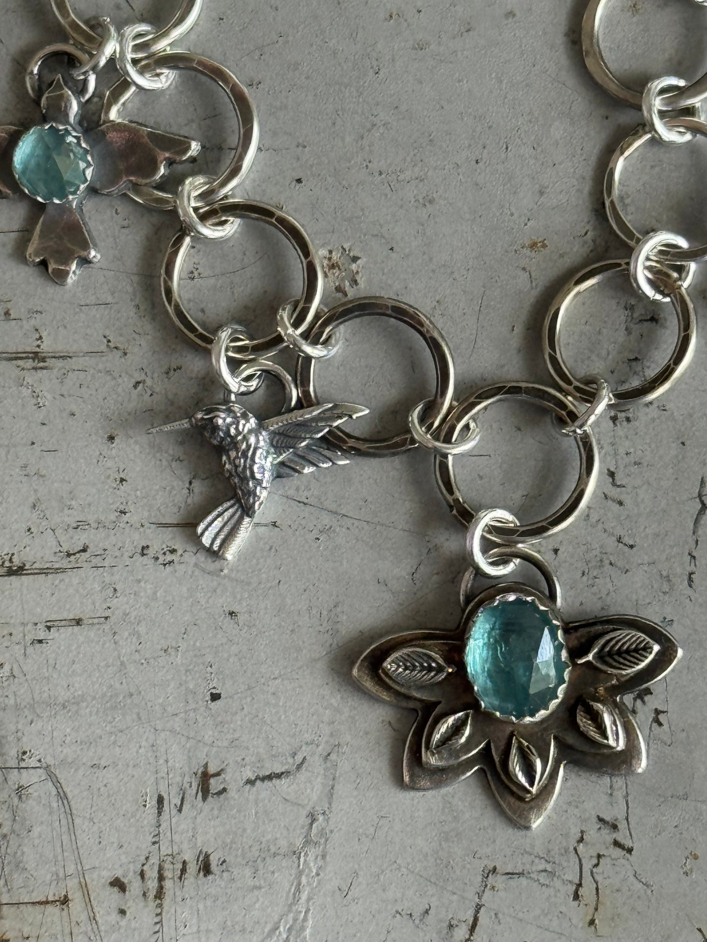 Garden sterling charm necklace with Kyanite, Blue Tourmaline and Aquamarine