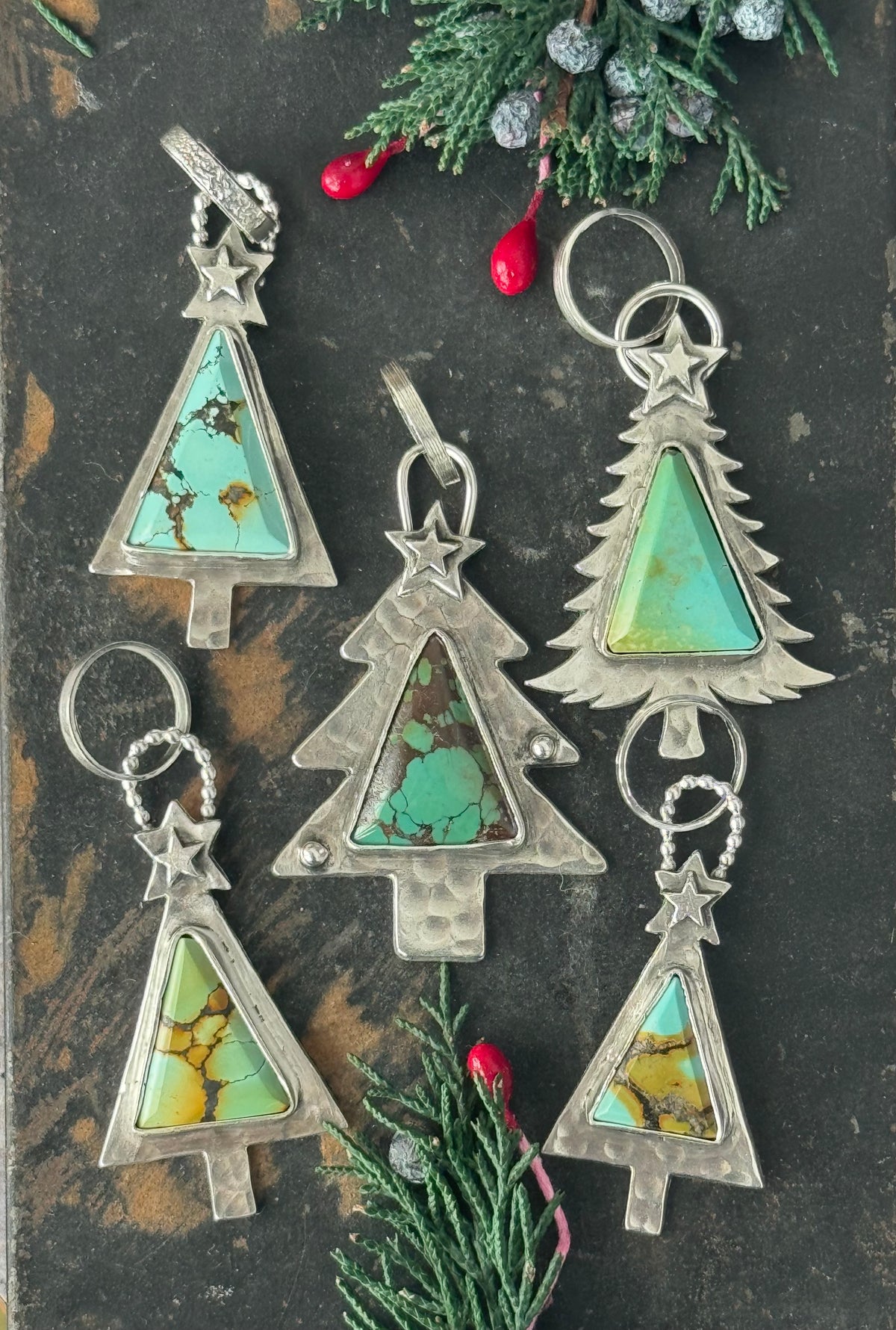 Christmas tree sterling pendant with Treasure Mountain Turquoise