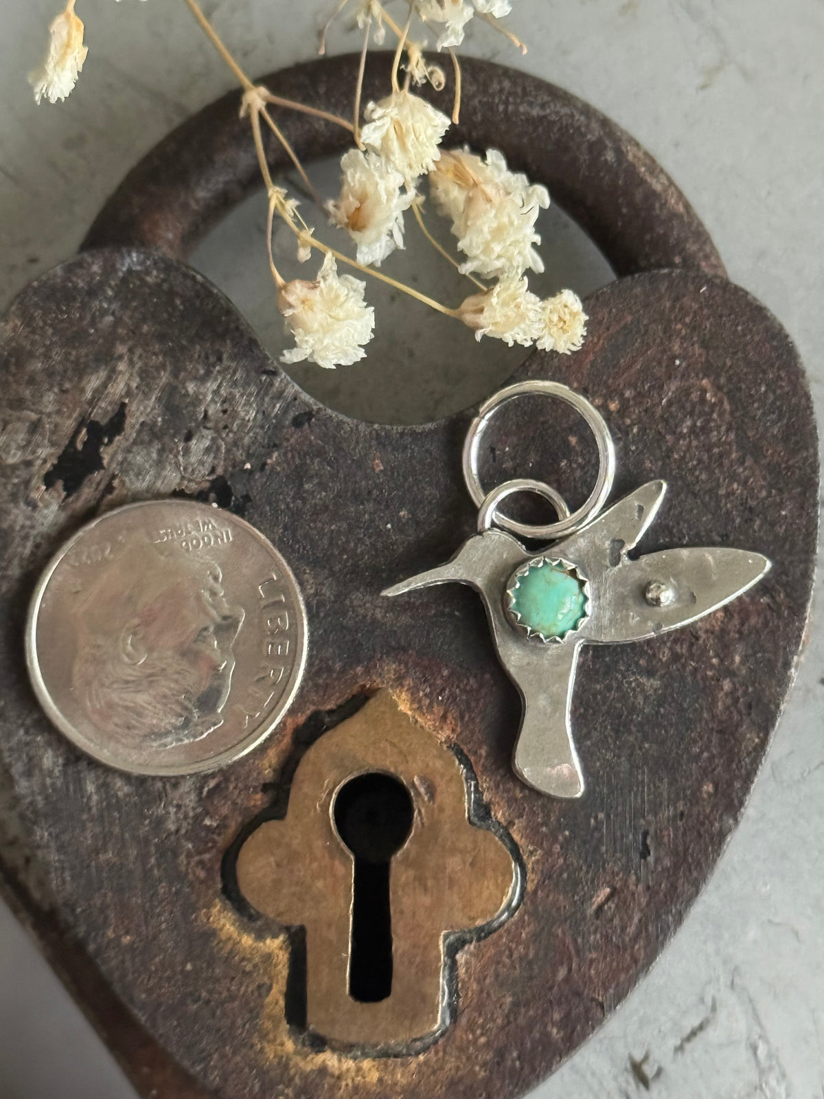 Hummingbird sterling charm with Kingman Turquoise