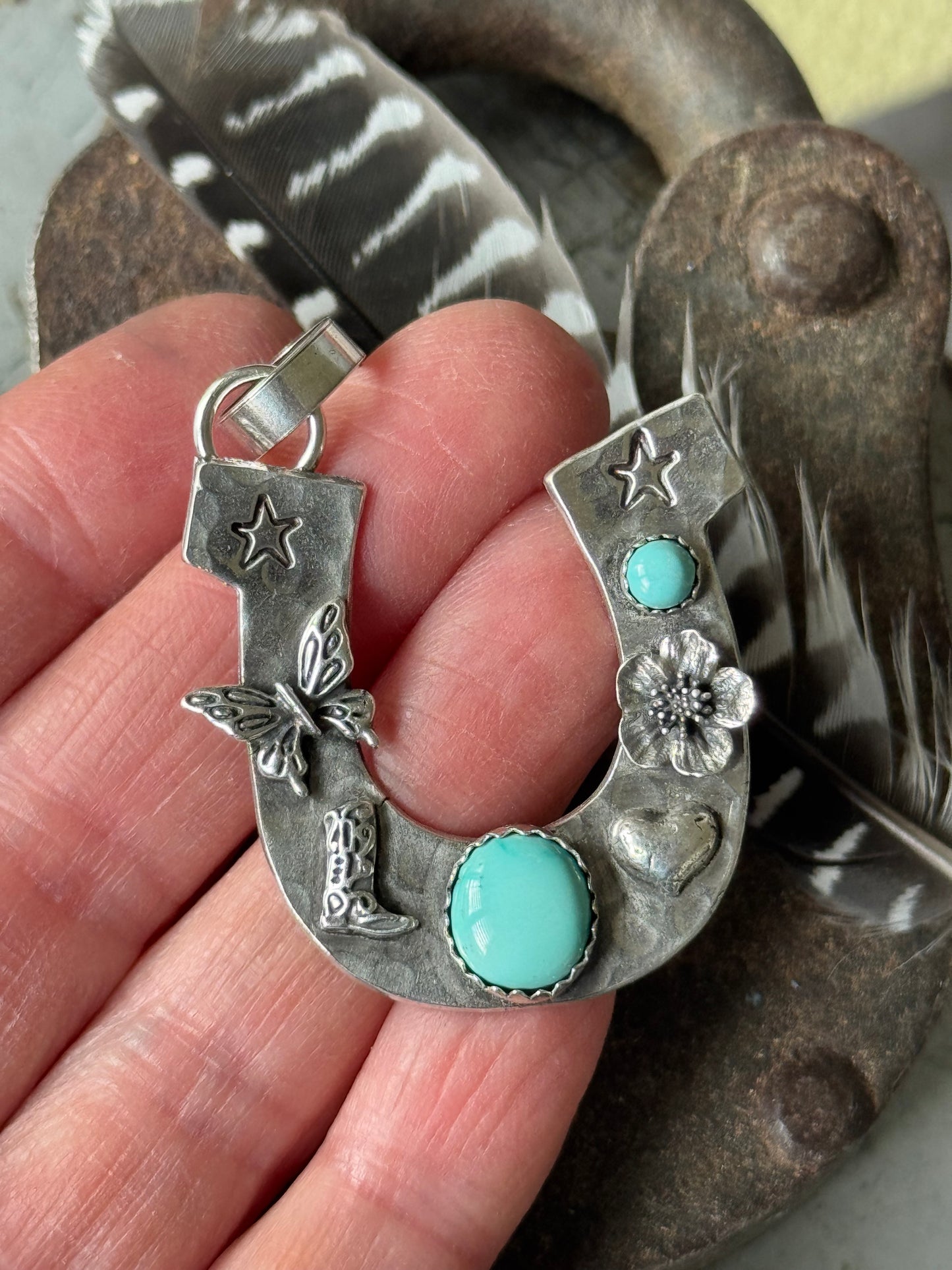 Horseshoe sterling pendant with Lone Mountain Turquoise