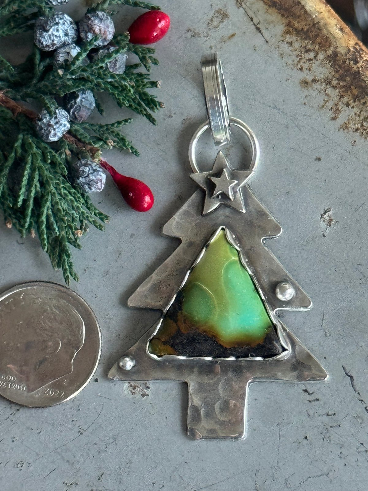 Christmas tree sterling pendant with Treasure Mountain Turquoise