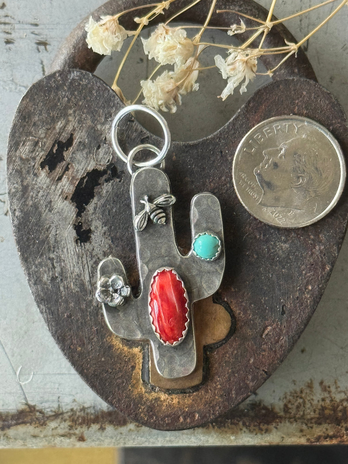 Cactus sterling pendant with Red Spiny Oyster and Kingman Turquoise