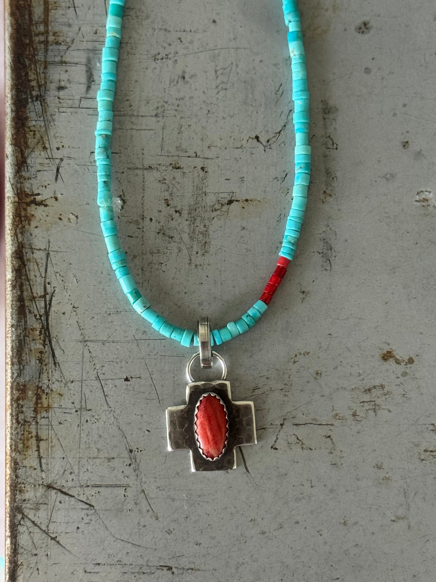 Red Spiny Oyster sterling cross pendant
