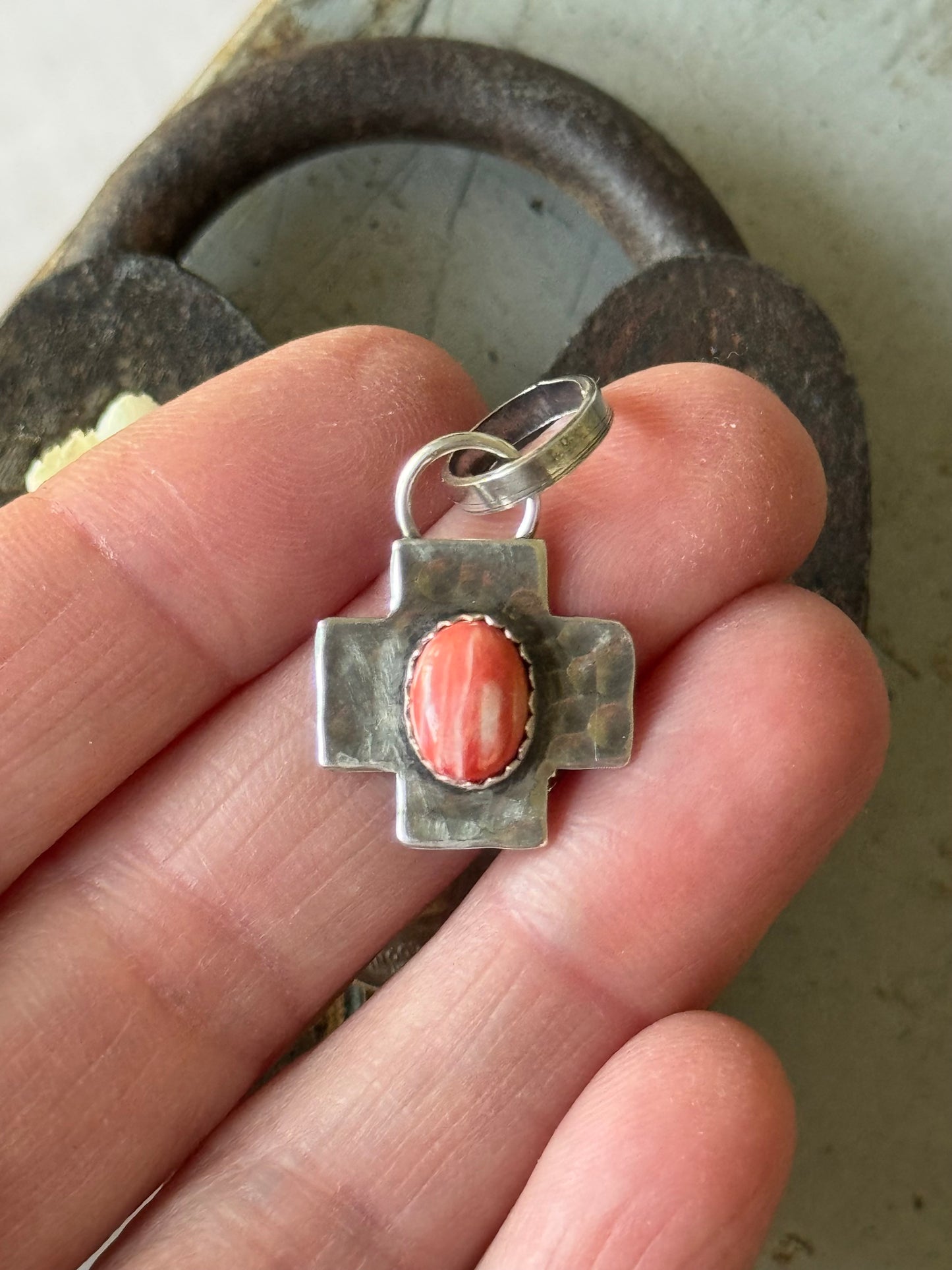 Red Spiny Oyster sterling cross pendant