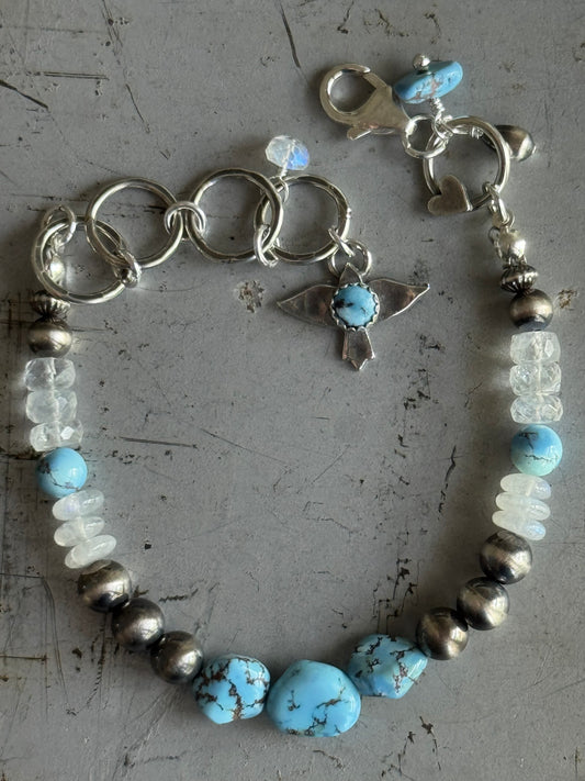 Artisan Golden Hills Turquoise and Rainbow Moonstone sterling bracelet