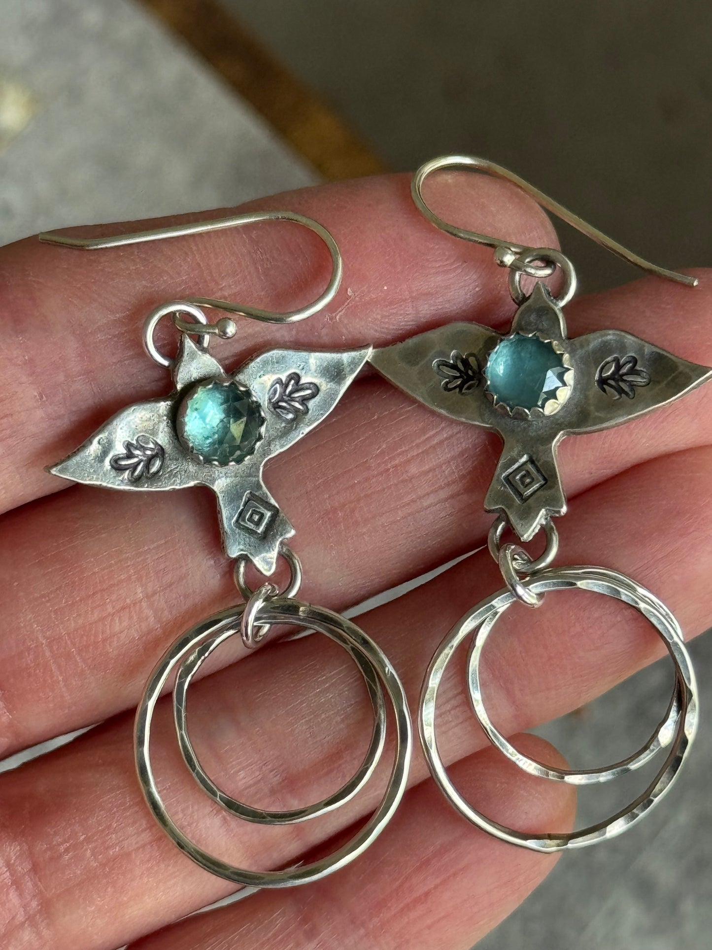 Teal Kyanite sterling hoop bird earrings
