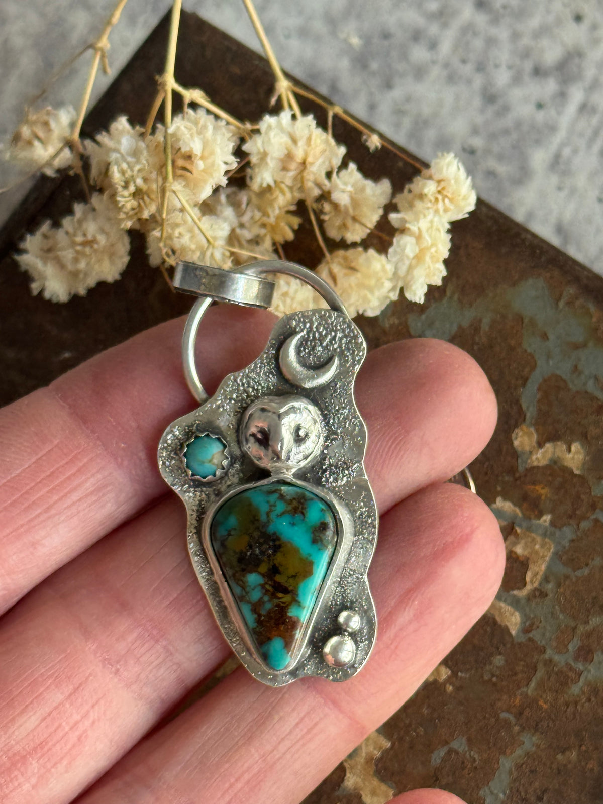 Pilot Mountain Owl and Moon sterling pendant