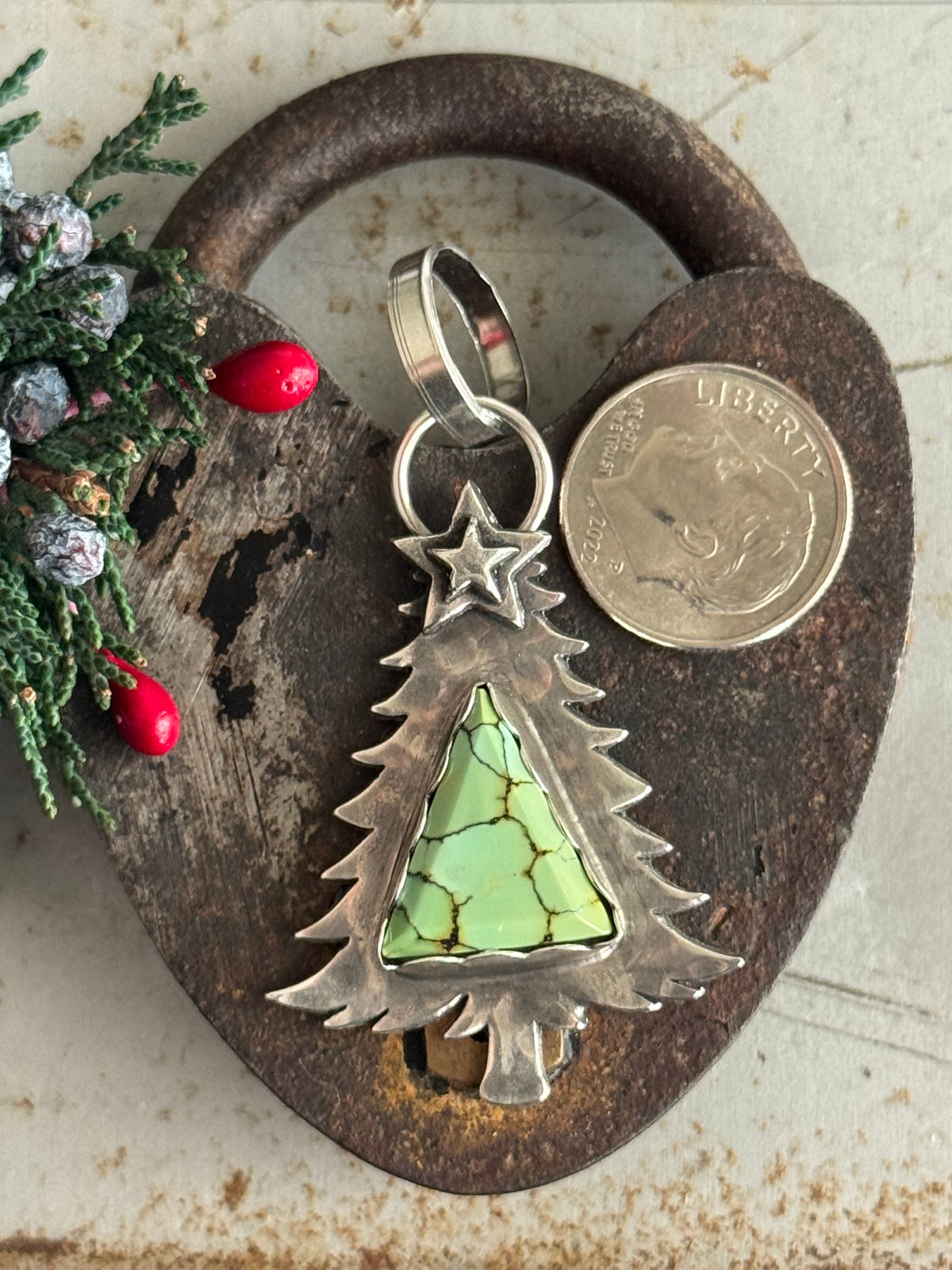Christmas tree sterling pendant with Treasure Mountain Turquoise