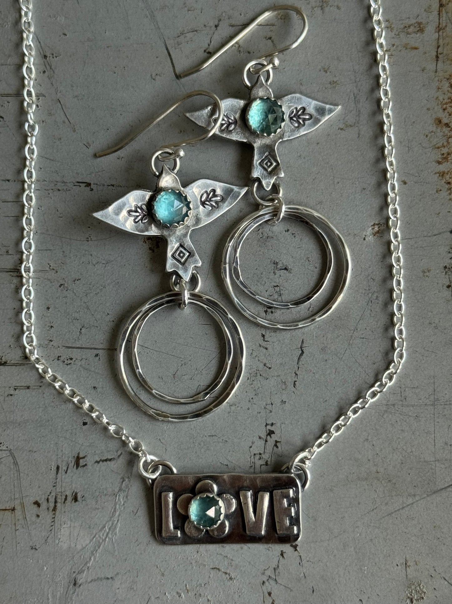 Teal Kyanite sterling hoop bird earrings
