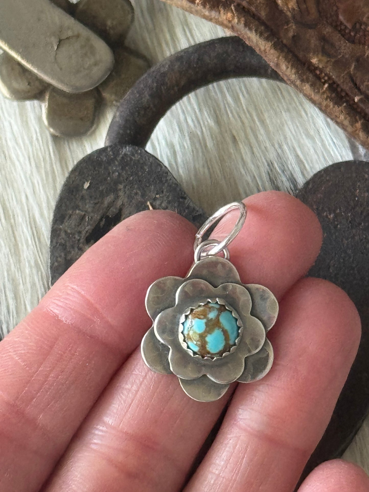 Double Flower pendant with Number 8 Turquoise