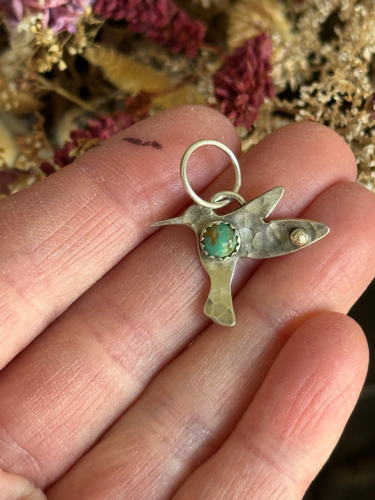 Hummingbird sterling charm with Kingman Turquoise