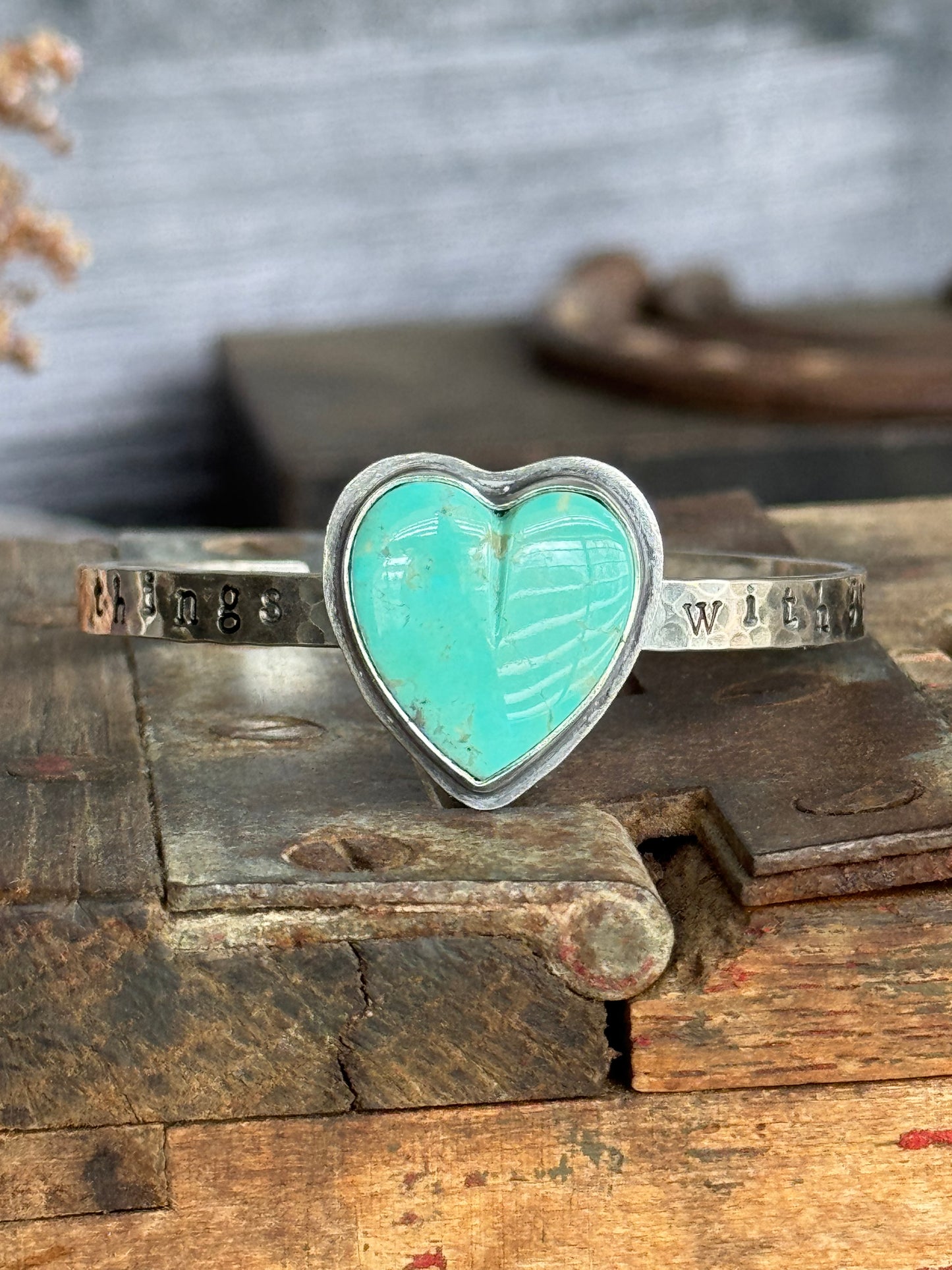 Kingman Turquoise heart "do small things with great love" sterling cuff