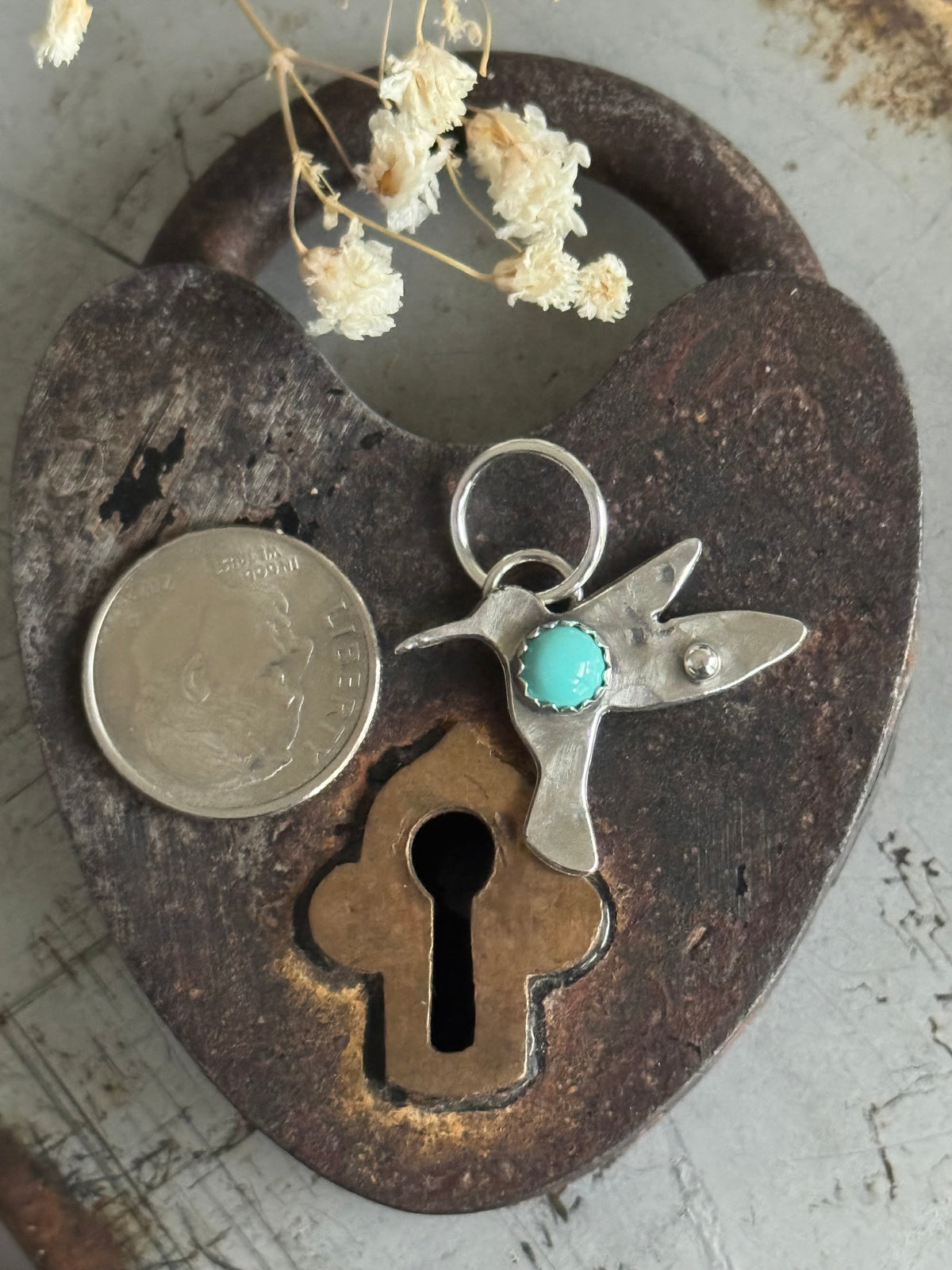 Hummingbird sterling charm with Kingman Turquoise