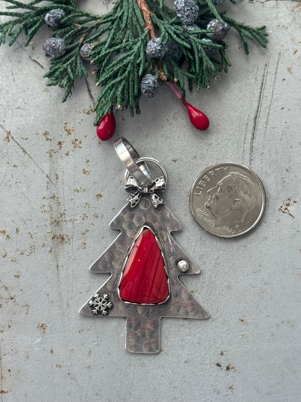 Christmas tree sterling pendant with Rosarita, a bow and snowflake