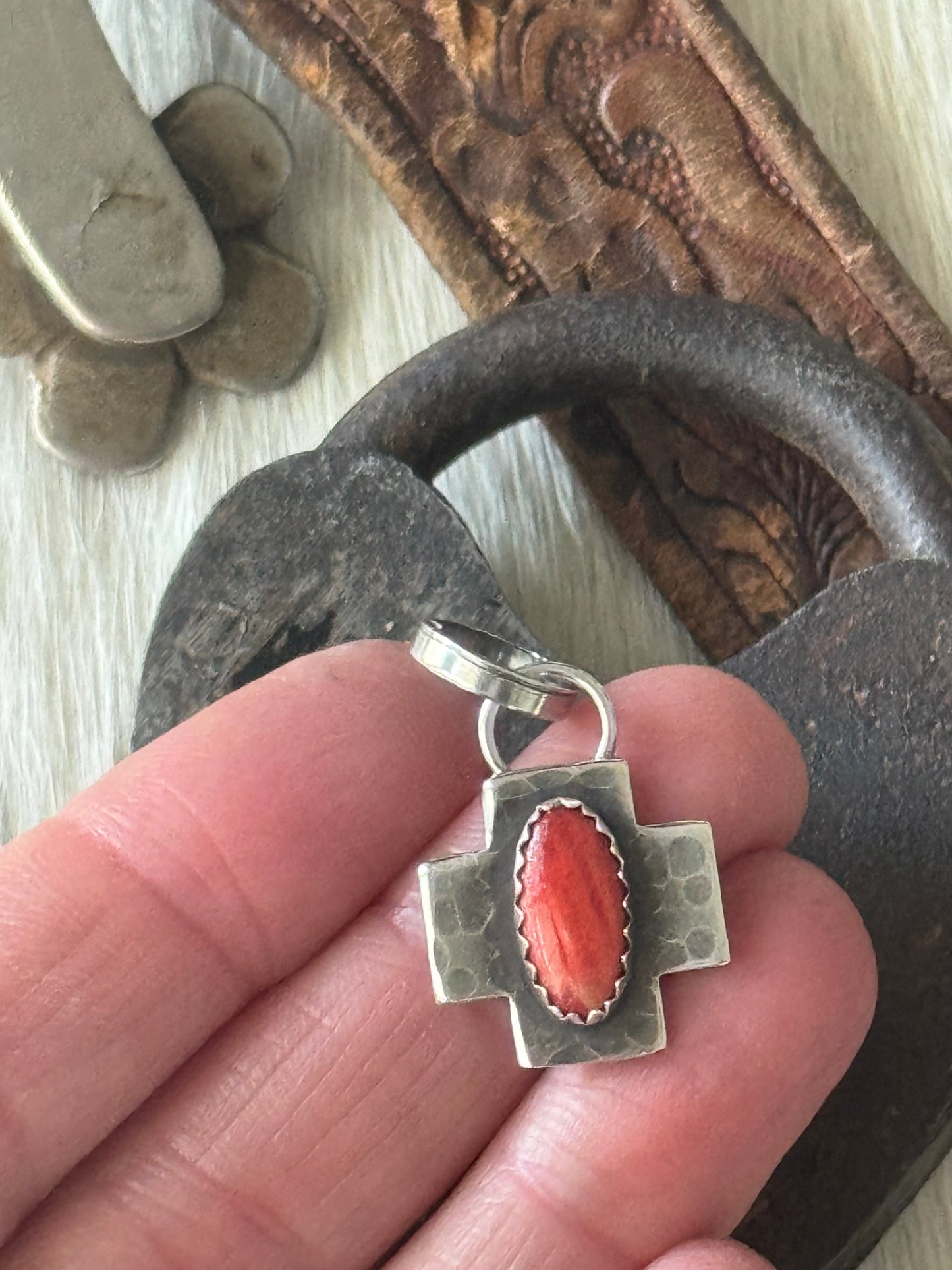 Red Spiny Oyster sterling cross pendant