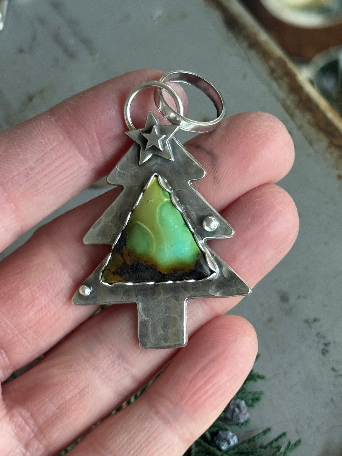 Christmas tree sterling pendant with Treasure Mountain Turquoise