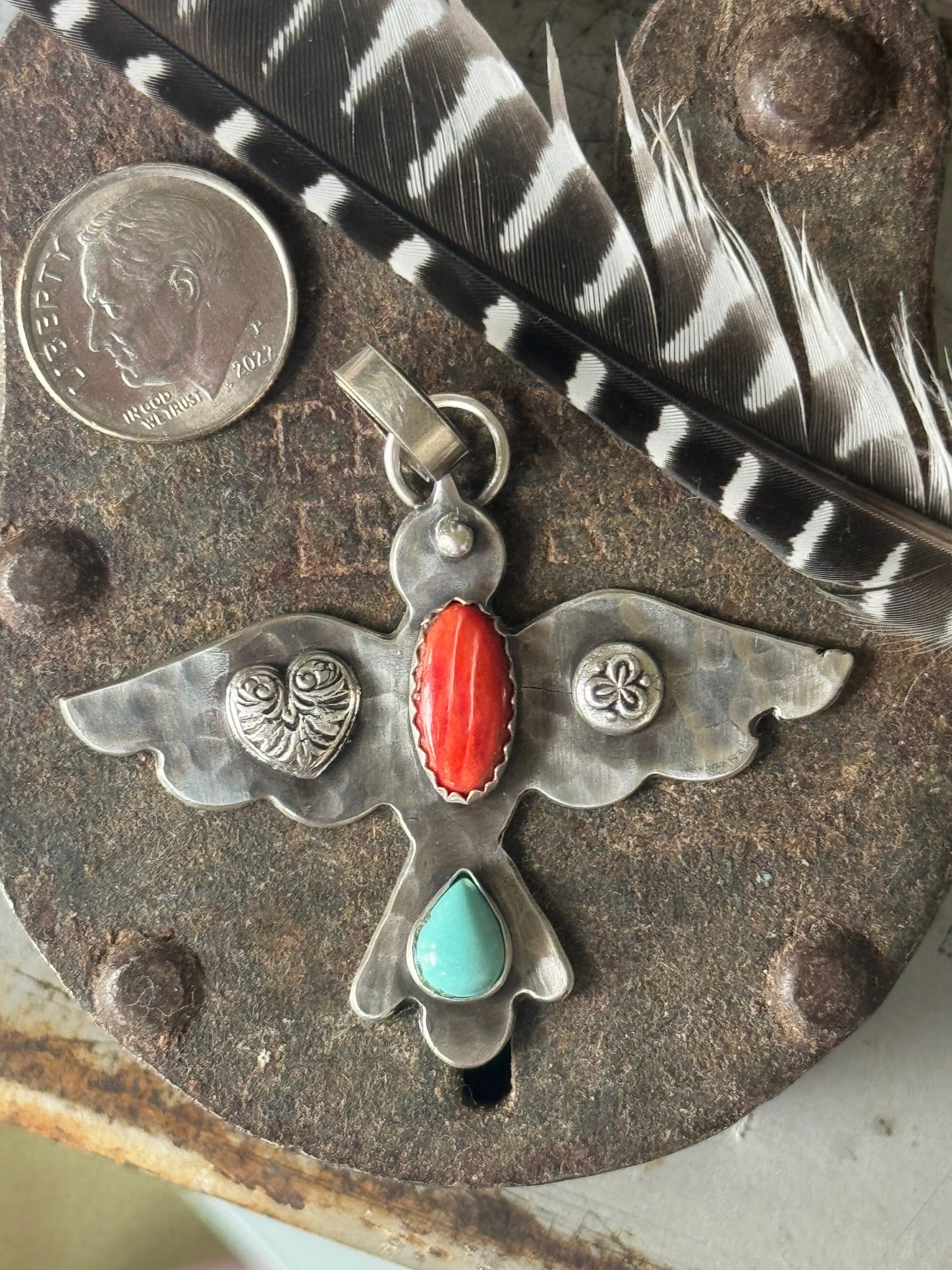 Spiny Oyster and Kingman Turquoise sterling bird pendant