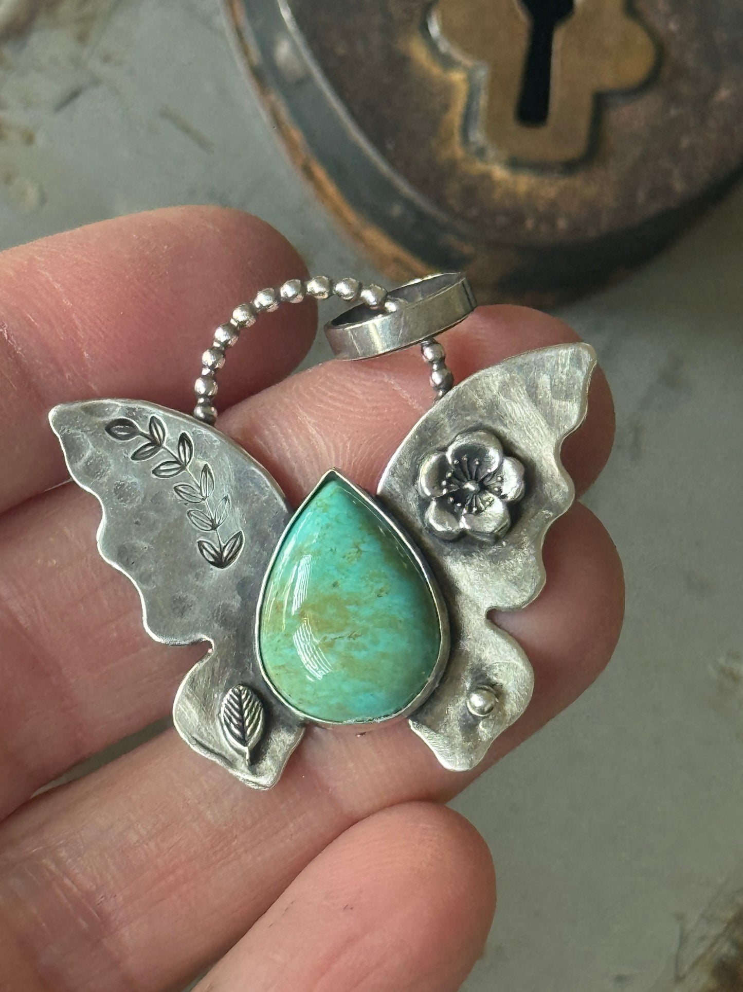 Sterling Butterfly pendant with Campitos Turquoise