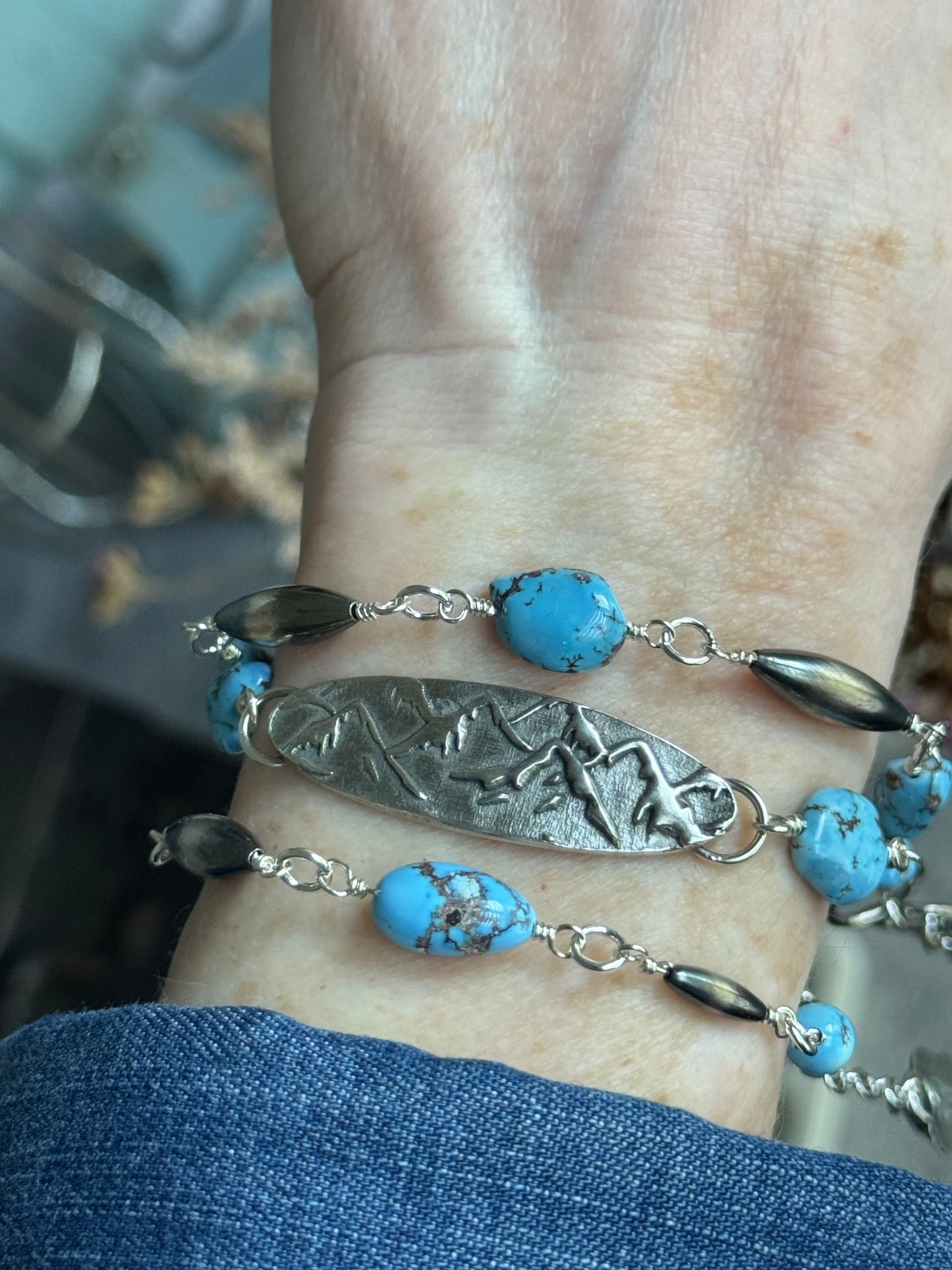 Artisan Golden Hills Turquoise hand wired sterling bracelet