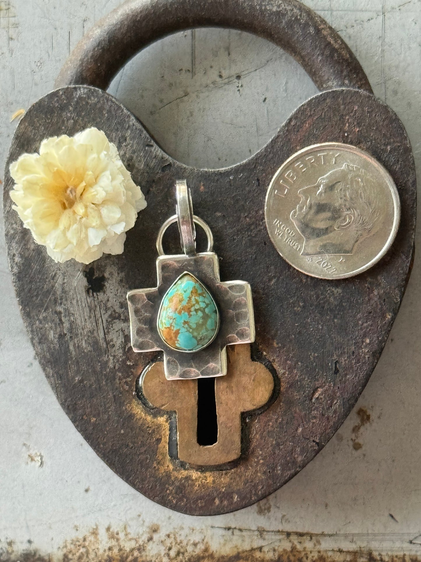 Sterling cross pendant with Number 8 Turquoise