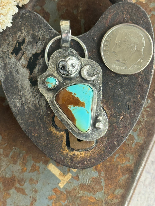 Owl and Moon sterling pendant with Royston Turquoise
