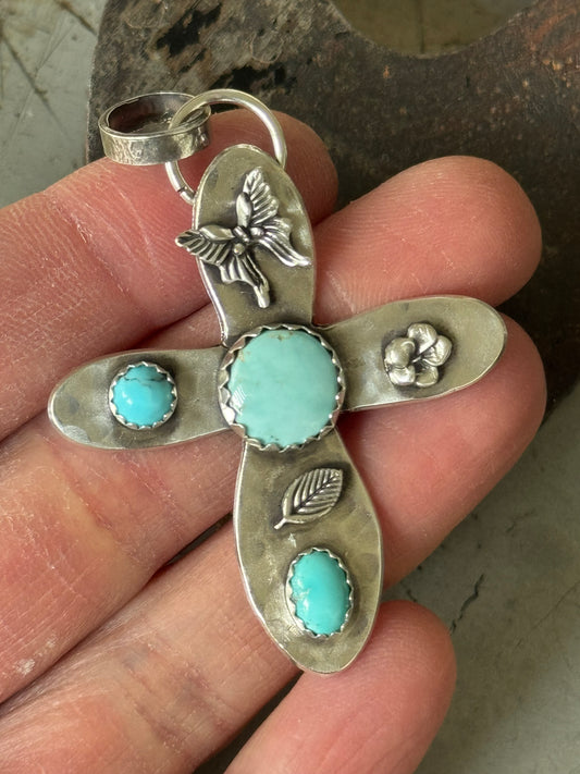 Large Lone Mountain Turquoise sterling cross pendant